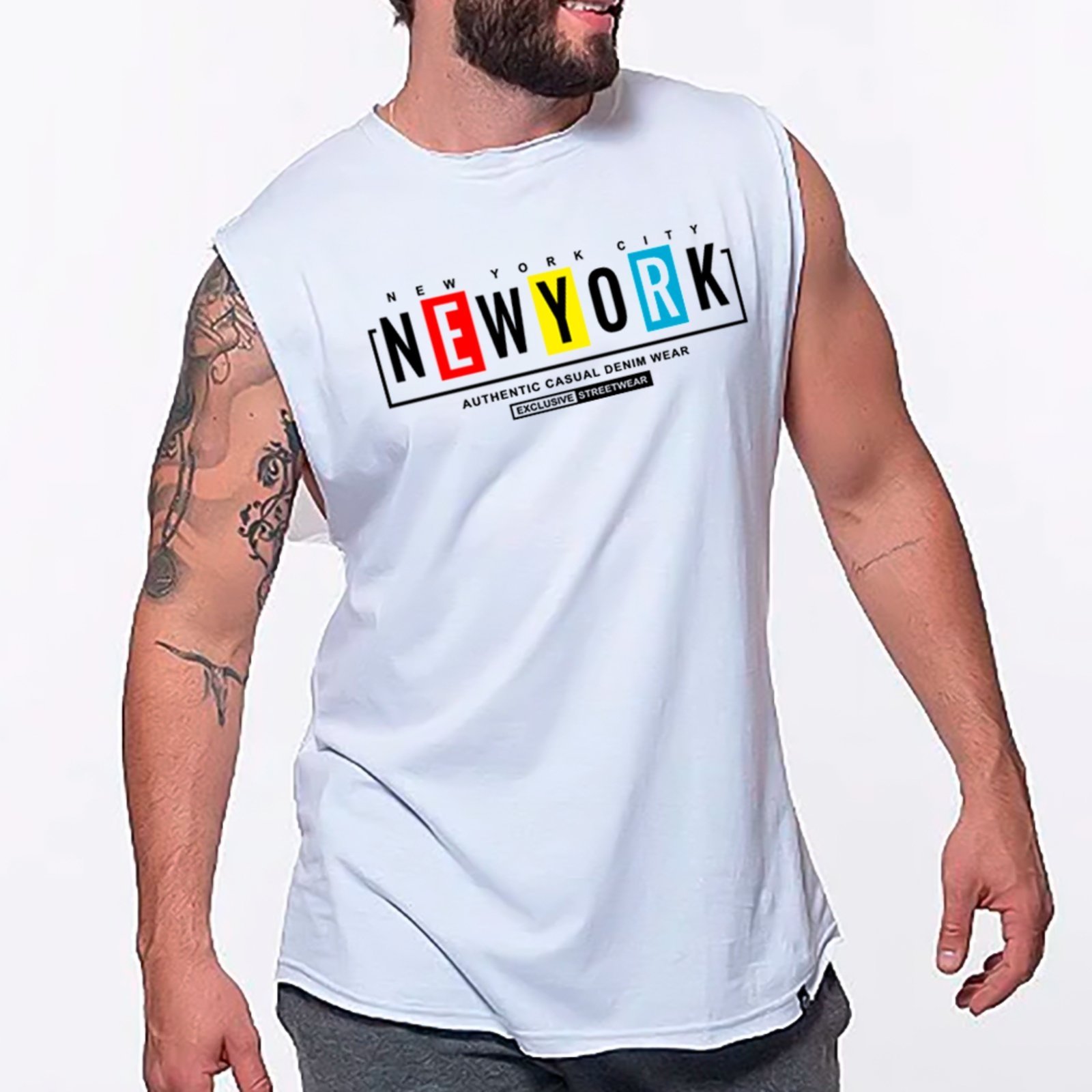 Camiseta Regata Machão Ousy New York City Colorida Oversized Masculina Branco