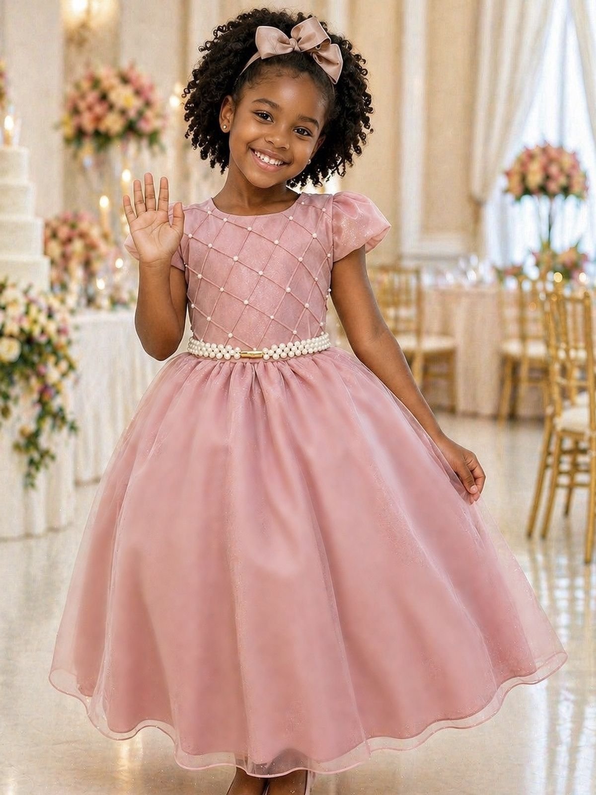 Infantil - Vestido Festa Longo Rosa Rosé Nude Amêndoa Formatura Pérolas Casamento Brilho Social Menina Juvenil Dama Daminha Princesa Rodado Florista Aniversário Luxo
