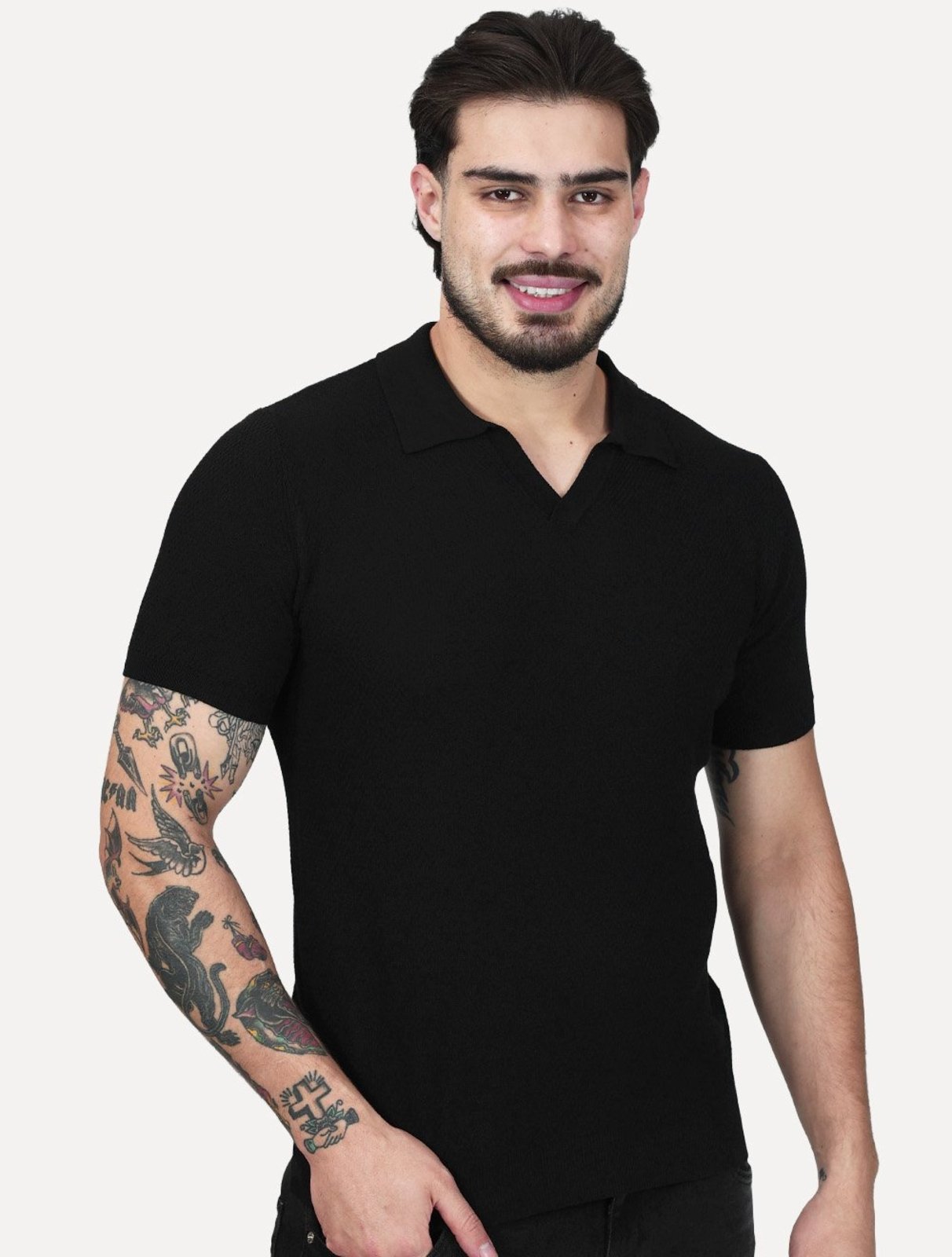 Tricô Dixen Manga Curta Gola Polo Preta