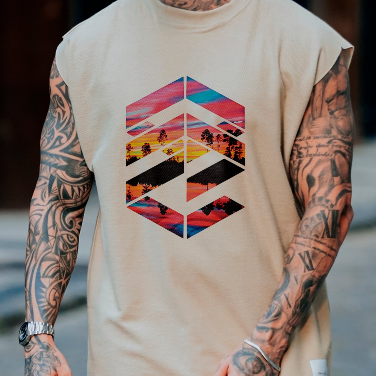 Camiseta Regata Machão Natureza Geometric Sunset Moda Urbana Estilo Off White