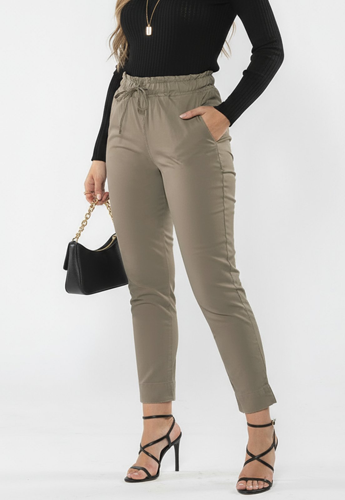 Calça Sarja Feminina Cintura Alta com Elastano e Amarração Conforto e Estilo Casual Bege Escuro