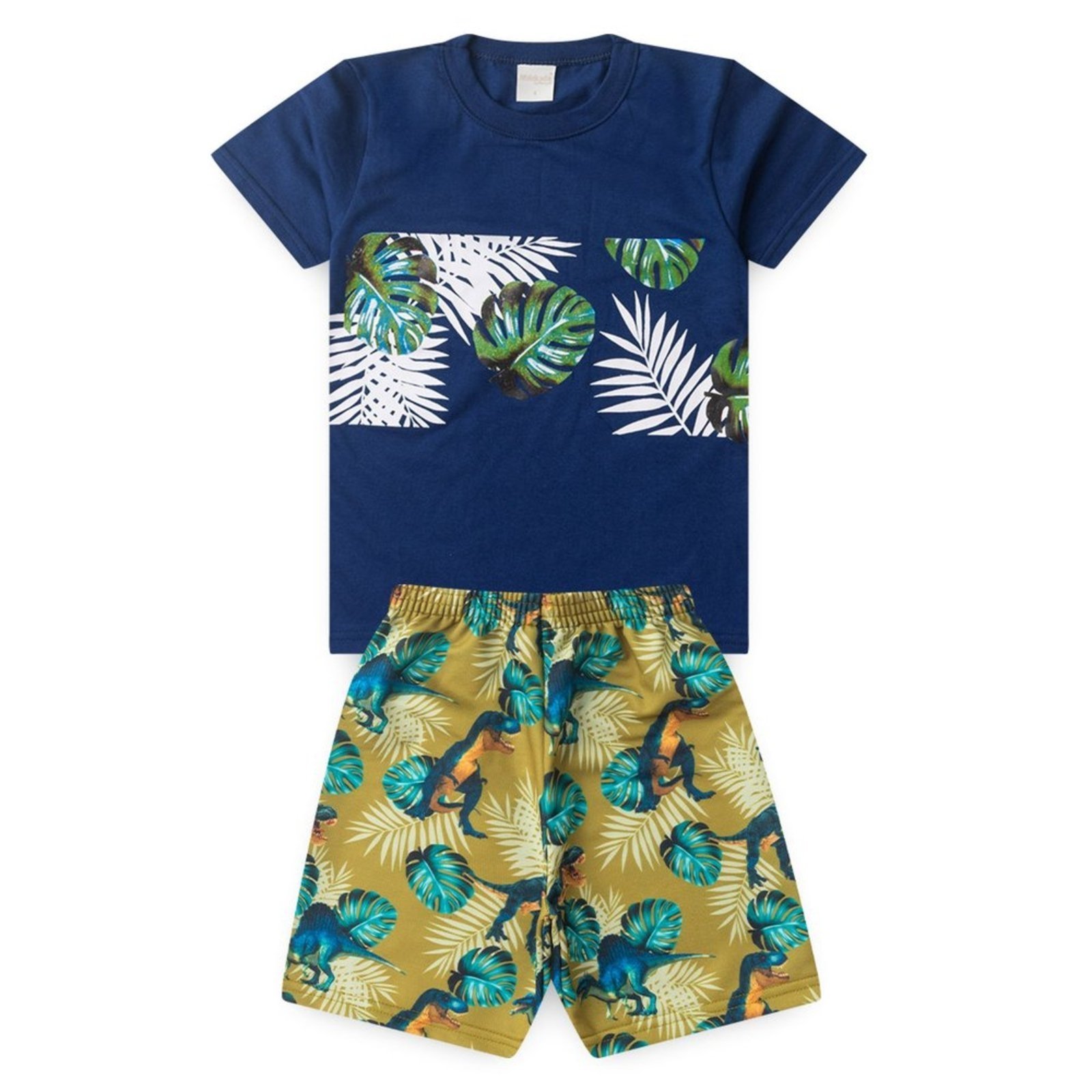 Vista 3 Infantil - Conjunto Verão Menino Marinho Camiseta e Bermuda Folhagens e Dinossauros Molekada azul Molekada azul