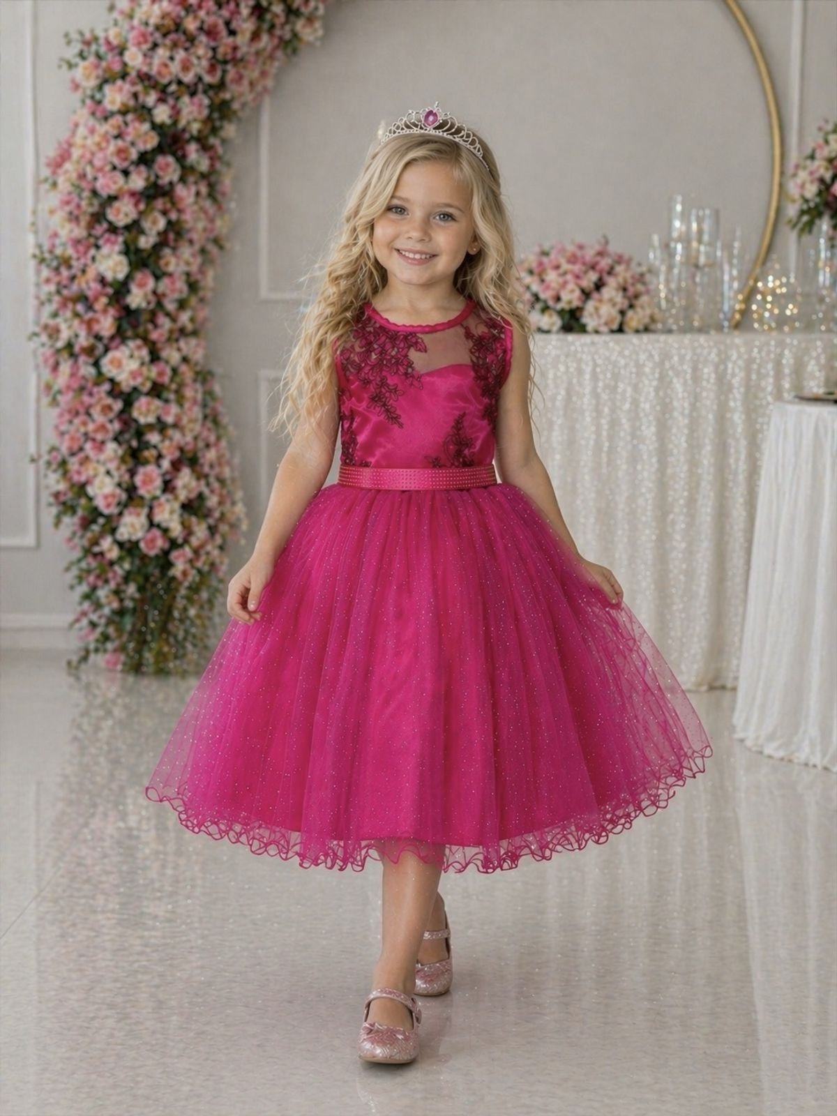 Infantil - Vestido Festa Rosa Pink Fucsia Formatura Casamento Renda Dama Daminha Florista Social Menina Juvenil Pérolas Princesa Rodado Aniversário Luxo