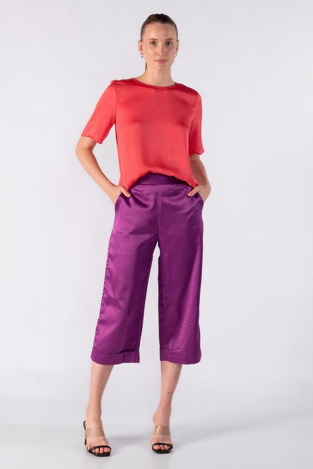 Blusa bata em crepe actinado meia manga Rosa