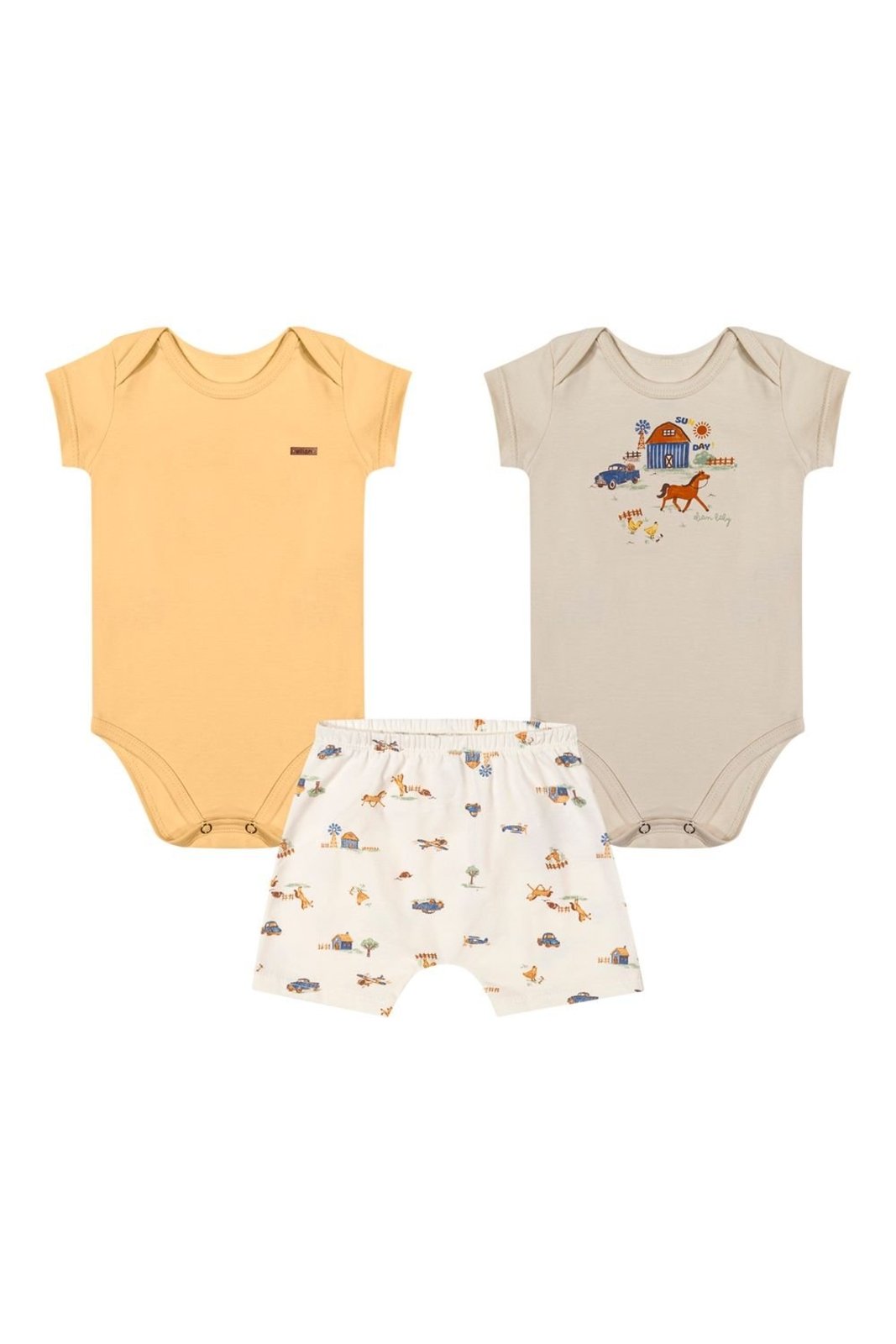 Infantil - Kit Menino Bodies e Short Bichinhos Elian Amarelo