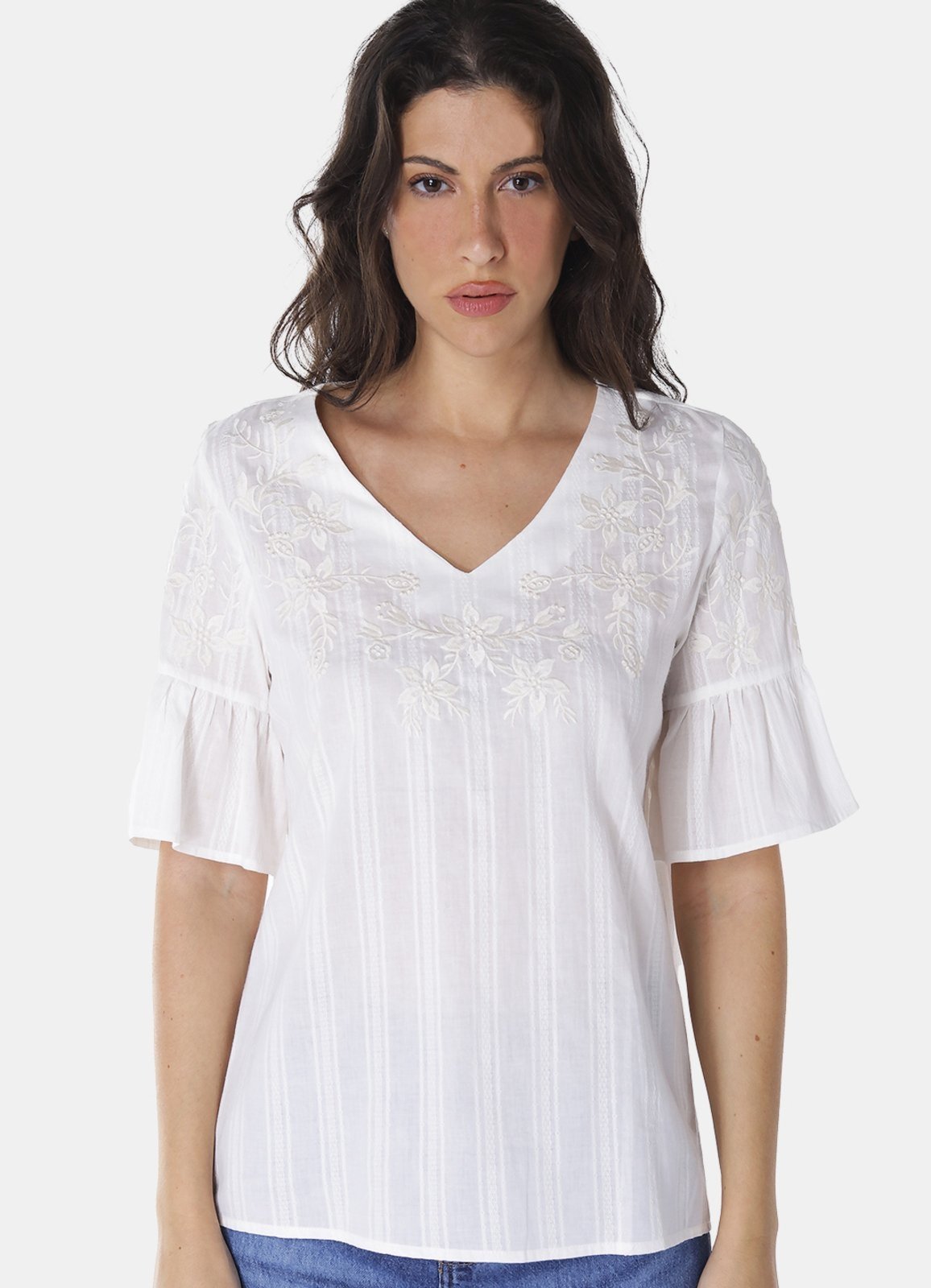 Blusa Branca Bordada Gola V com Mangas 3/4 Algodão Boho Branco