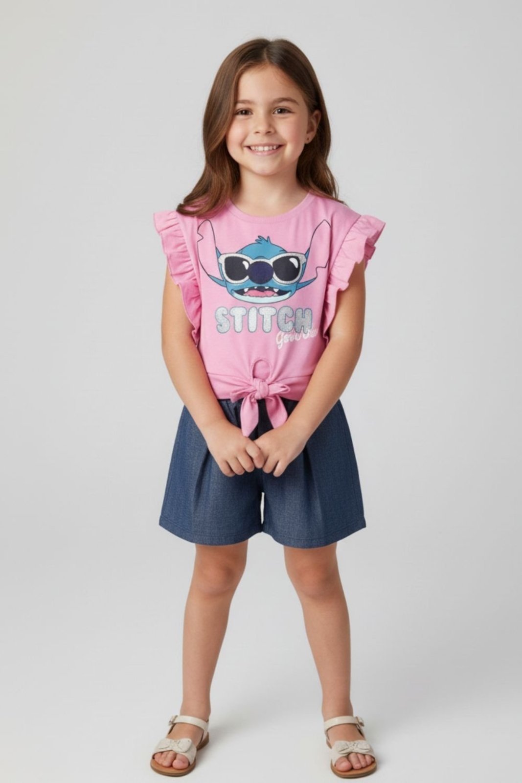 Vista 2 Infantil - Conjunto Bem Vestir Feminino Blusa Com Babado e Short Stitch Disney rosa Disney rosa