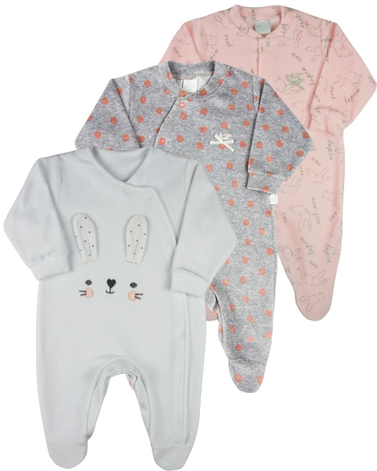 Infantil - Macacao Menina Plush Estampado e Liso Kit Macacao Plush Menina Coelhos e Bolinhas 3 Pecas - Branco