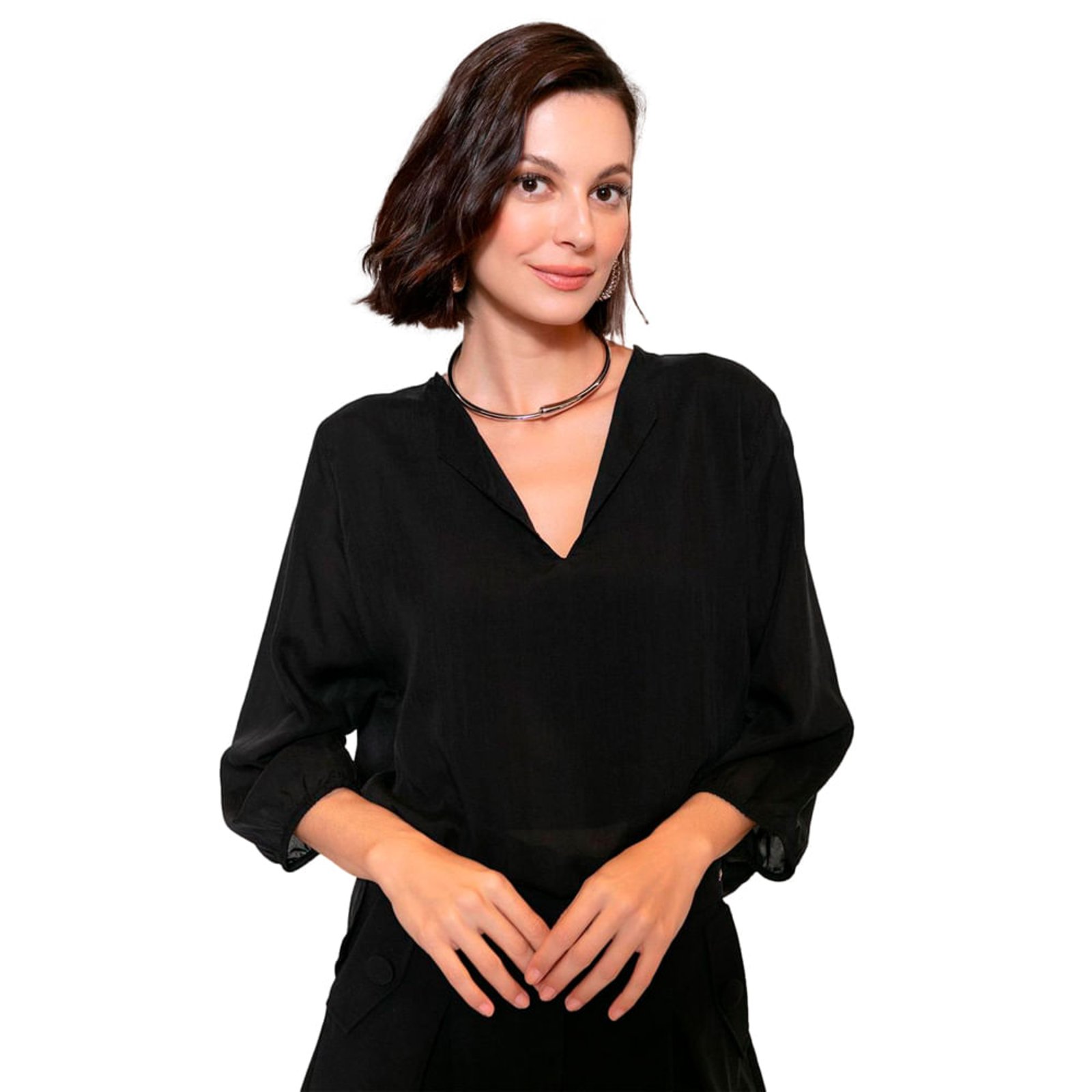 Blusa Feminina Biamar Liocel Gola V Manga Longa Preto