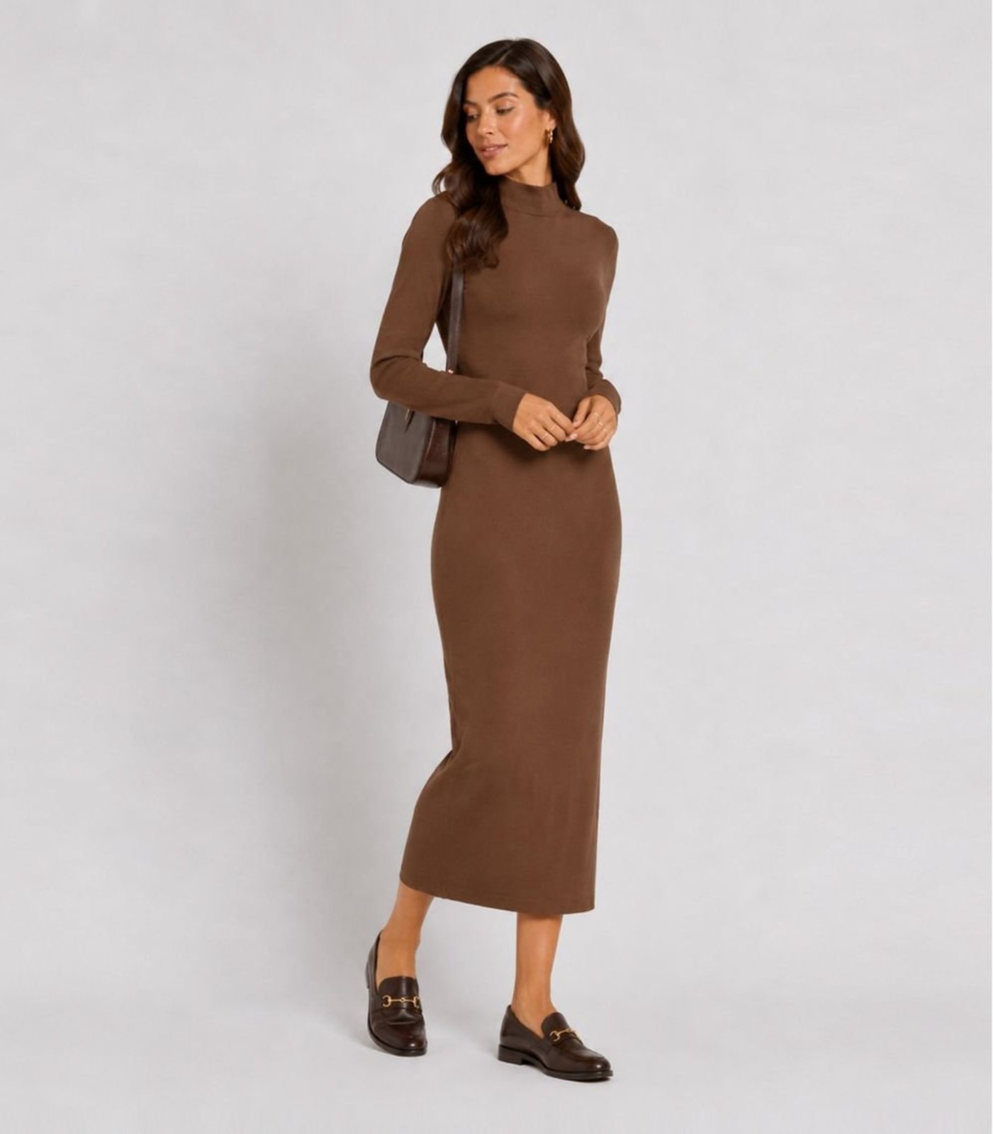 Vestido Midi Manga Comprida Gola Alta Infinita Cor Marrom