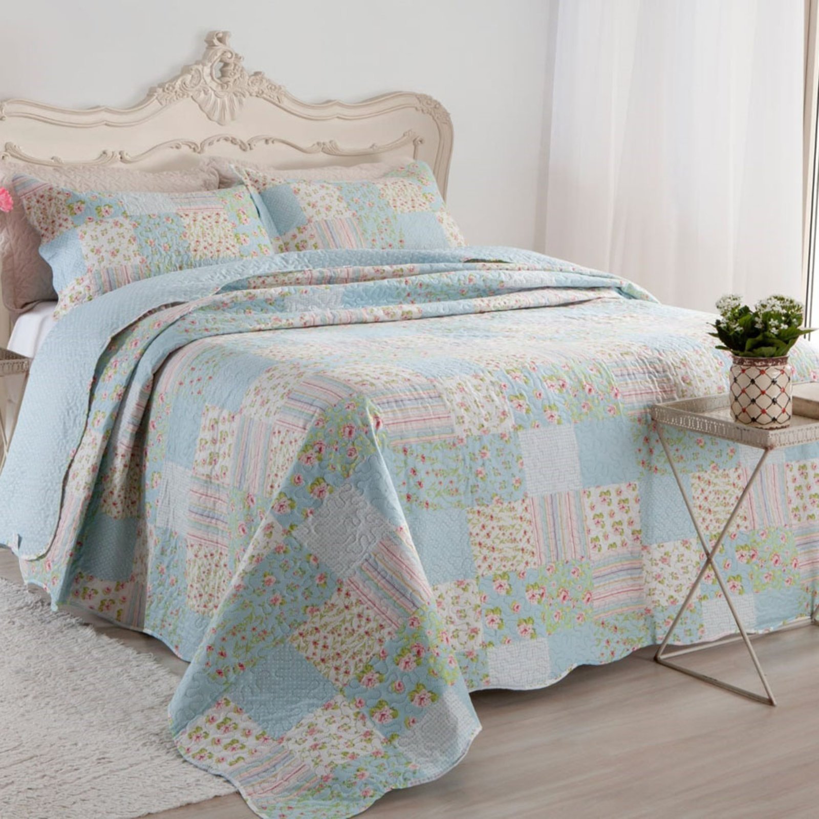 Kit Cobre Leito Colcha Casa Scarpa Mix Queen Estampado Dupla Face Floral 3 Peças - Karina