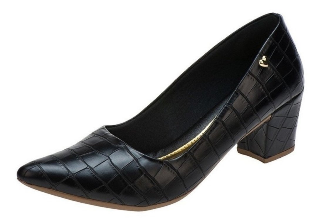 Scarpin Lumiss Salto Grosso Croco Preto