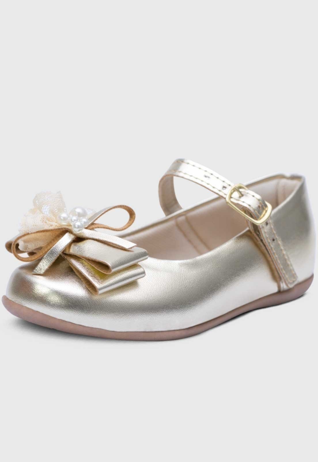 Infantil – Sapatilha Popidi Menina Laço Perola Renda Dourado