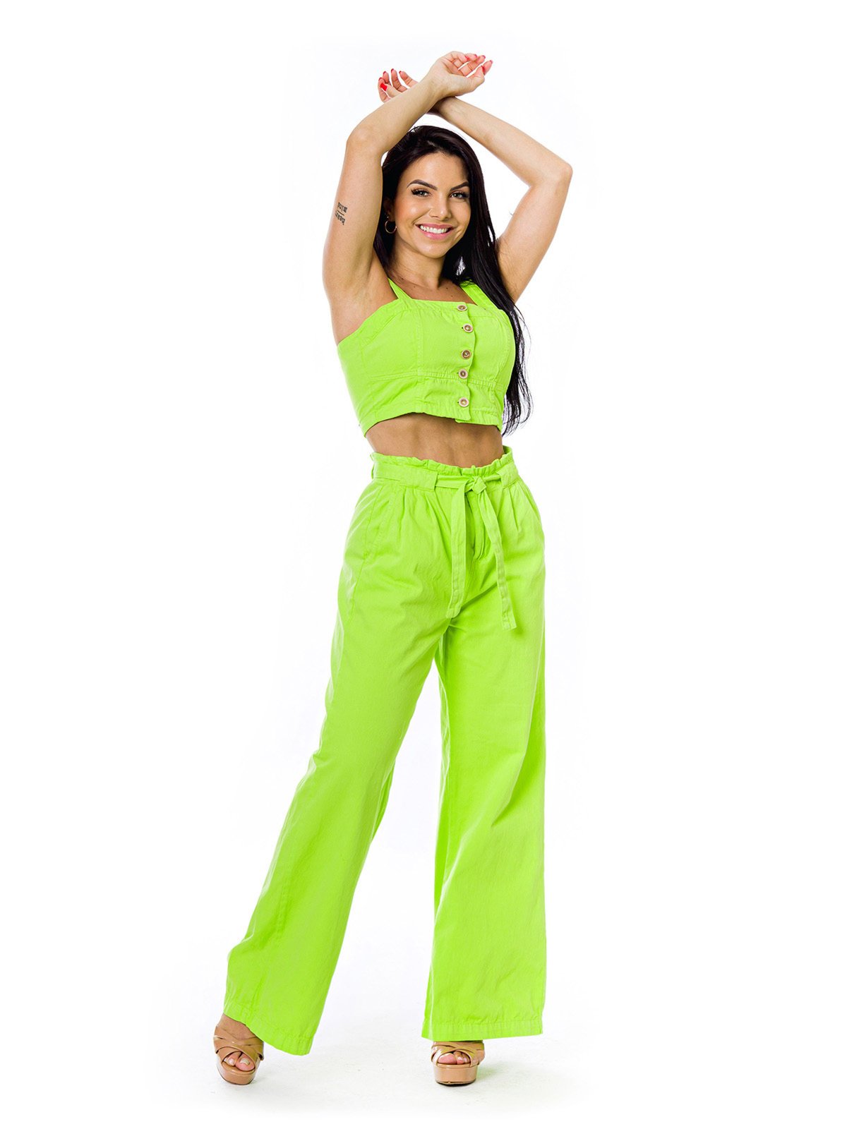 Conjunto Restrito Jeans Cropped e Calça Pantalona – VERDE