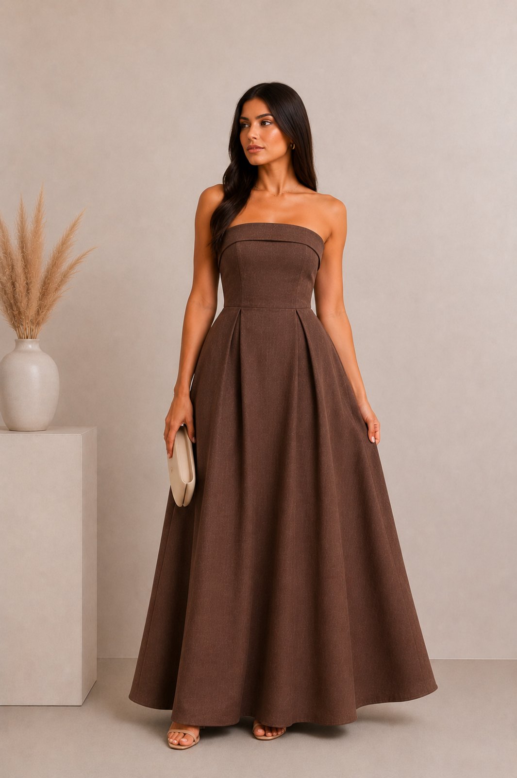 Vestido Longo Feminino em Linho Misto Elegante Tomara que Caia Saia Evasê Cintura Marcada para Casamento e Formatura Marrom
