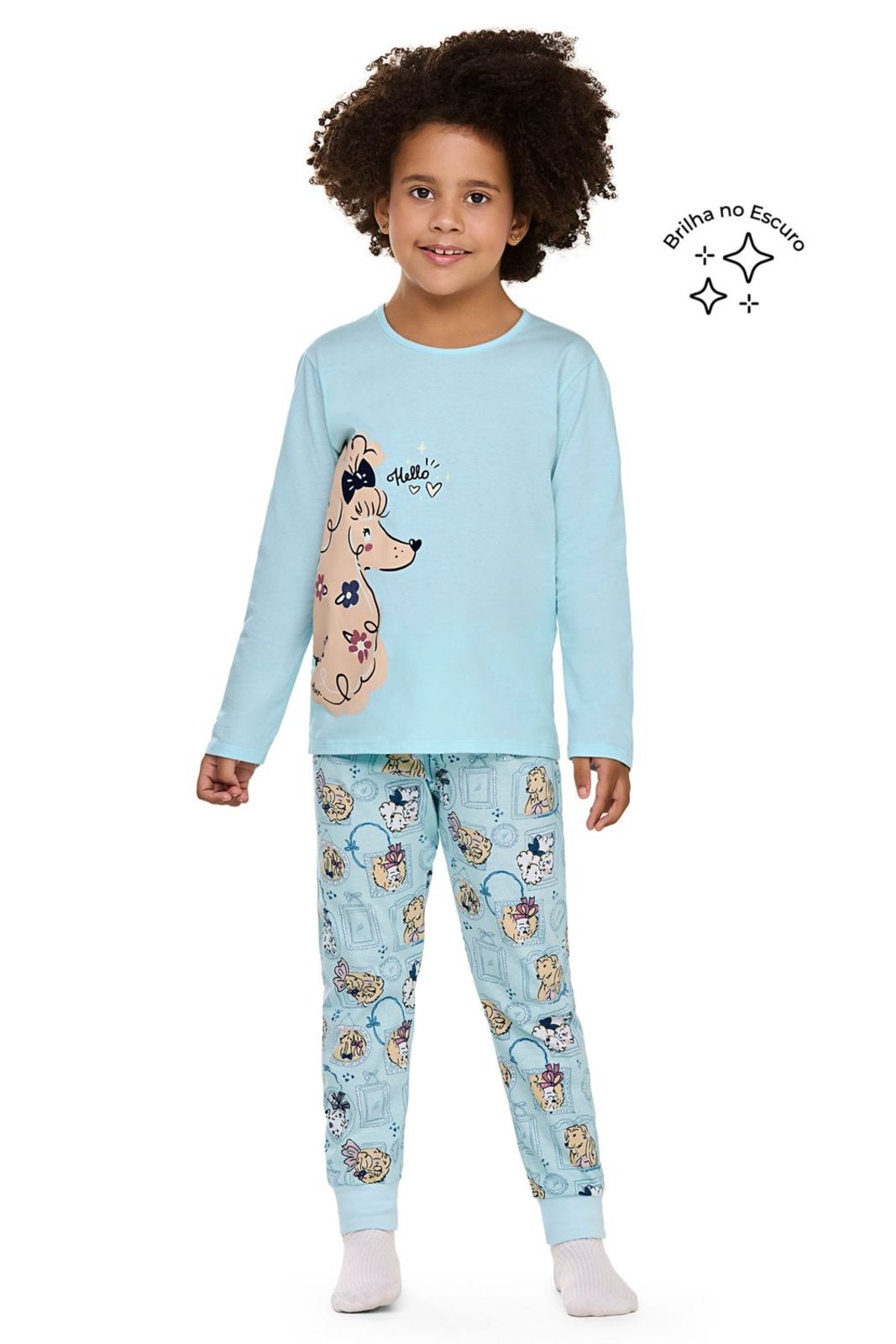 Pijama Longo Menina Pets Glitter Elian Azul