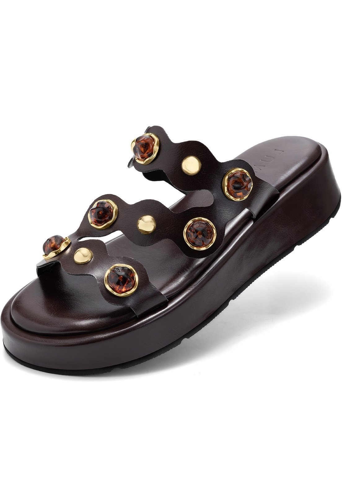 Sandália Feminina Lumiss Flatform Tamanco Confortável Pedras Douradas Marrom