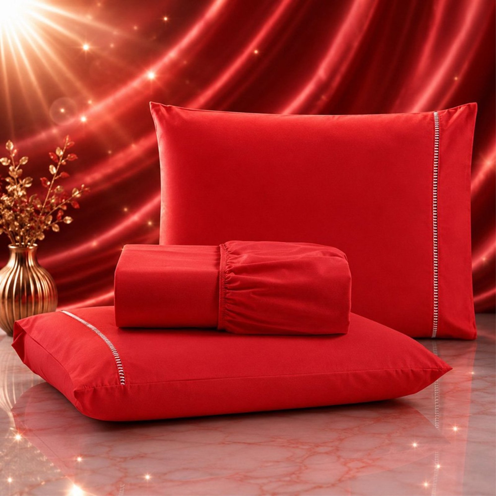 Jogo de Cama Lençol Quality King Micropercal 600 fios Macio 3 Peças - Vermelho