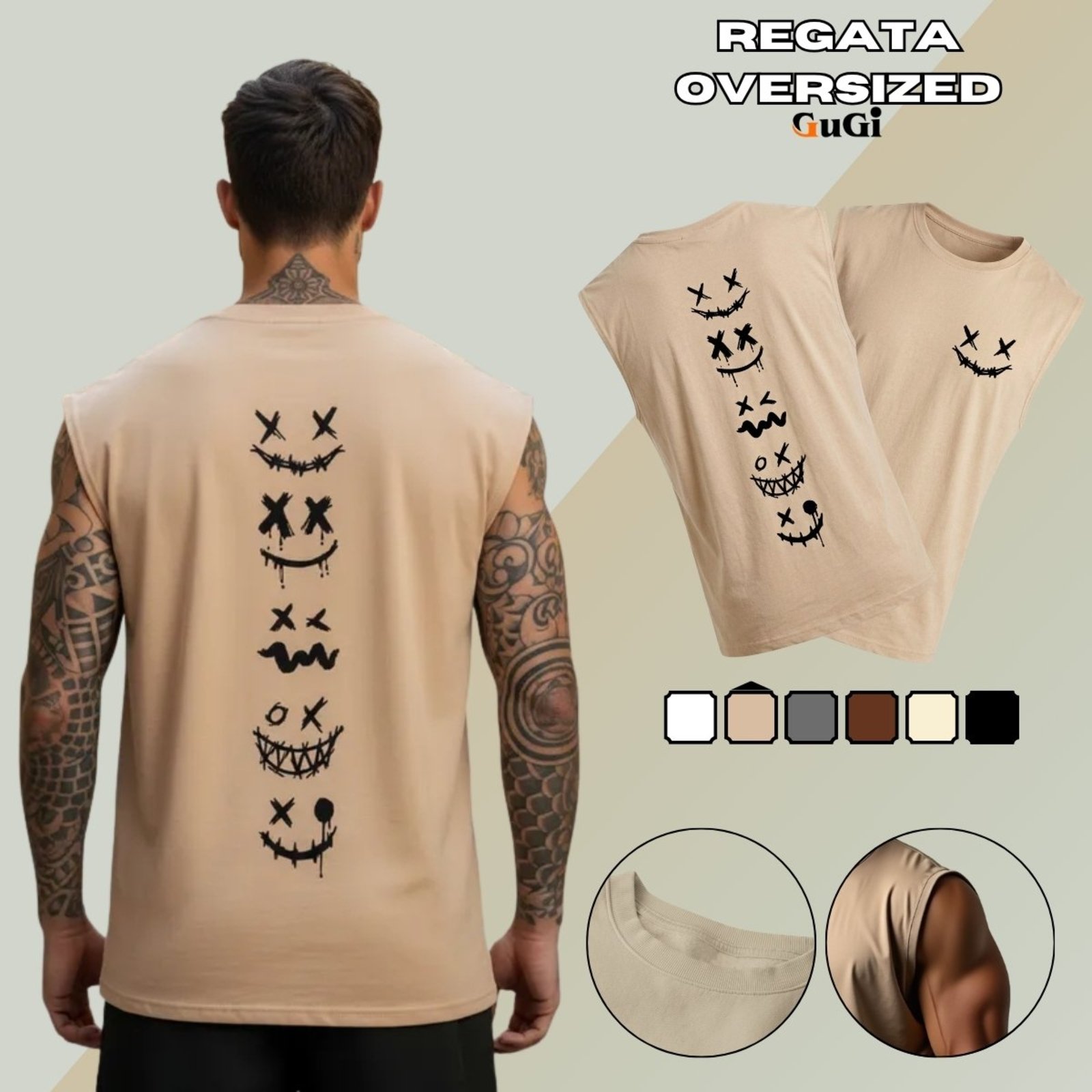 Camiseta Regata Masculina Oversized Estampada Sorriso Street X 100% Algodão 30.1 Cáqui