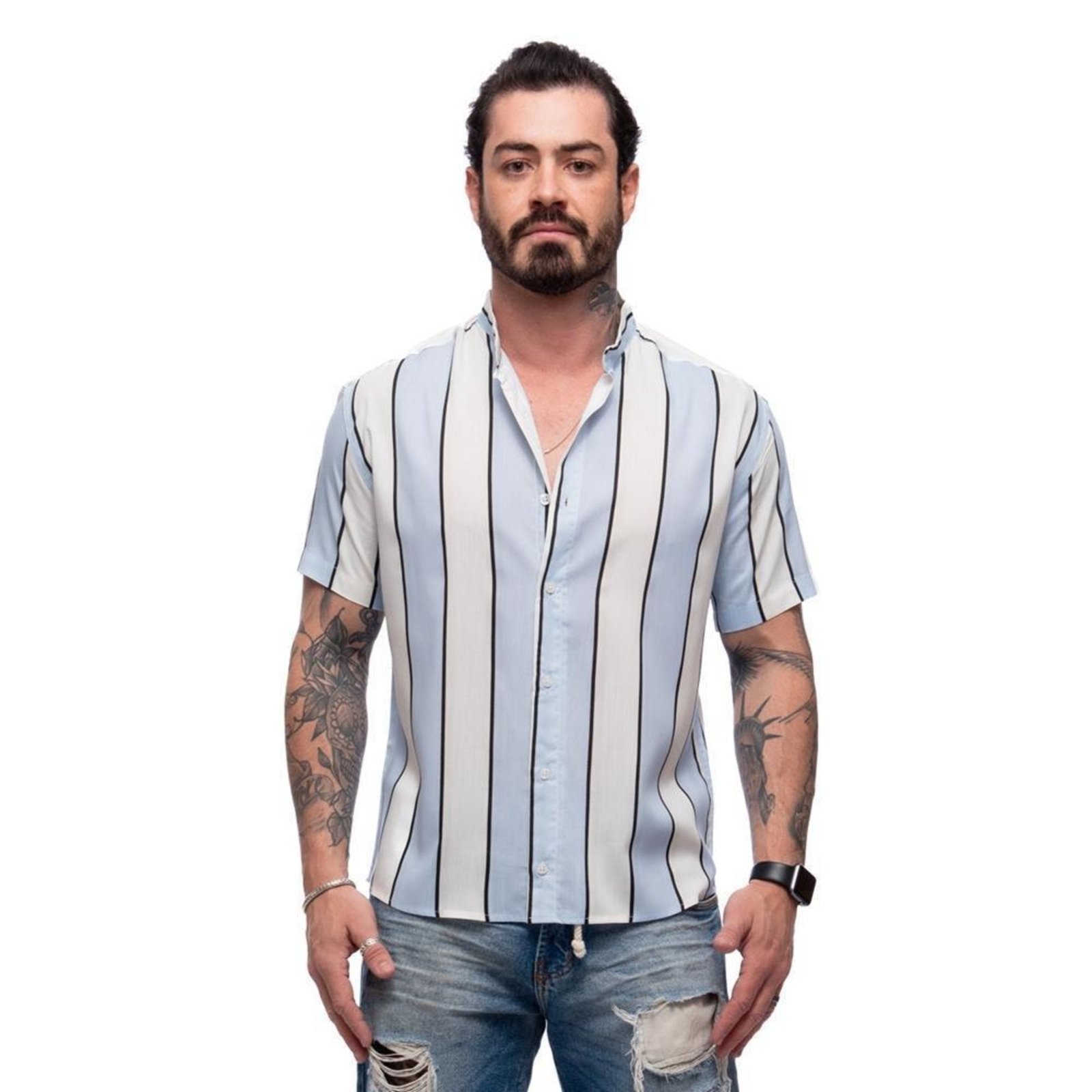 Camisa Listrada Manga Curta Masculina Viscose Leve Conforto Branco/Amarelo G Branco