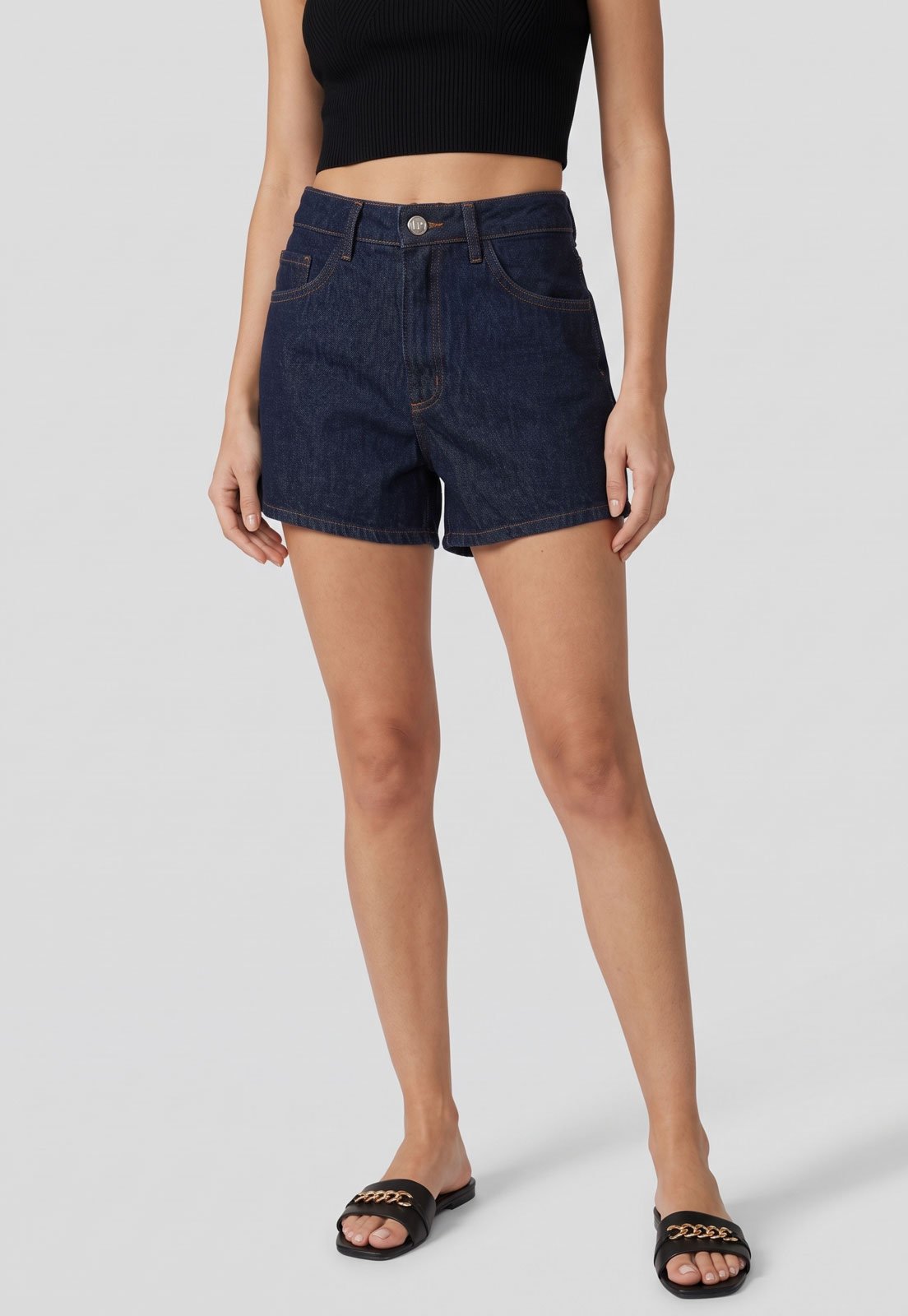 Shorts Feminino Lança Perfume Cintura Alta Algodão Azul-Marinho