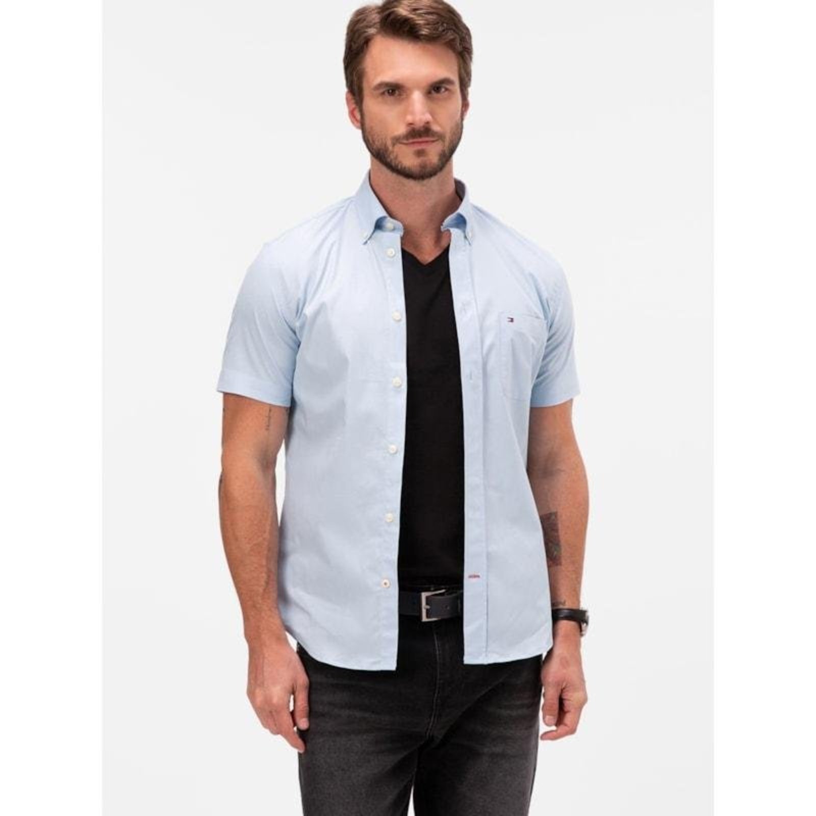 Camisa Oxford Light Manga Curta Azul