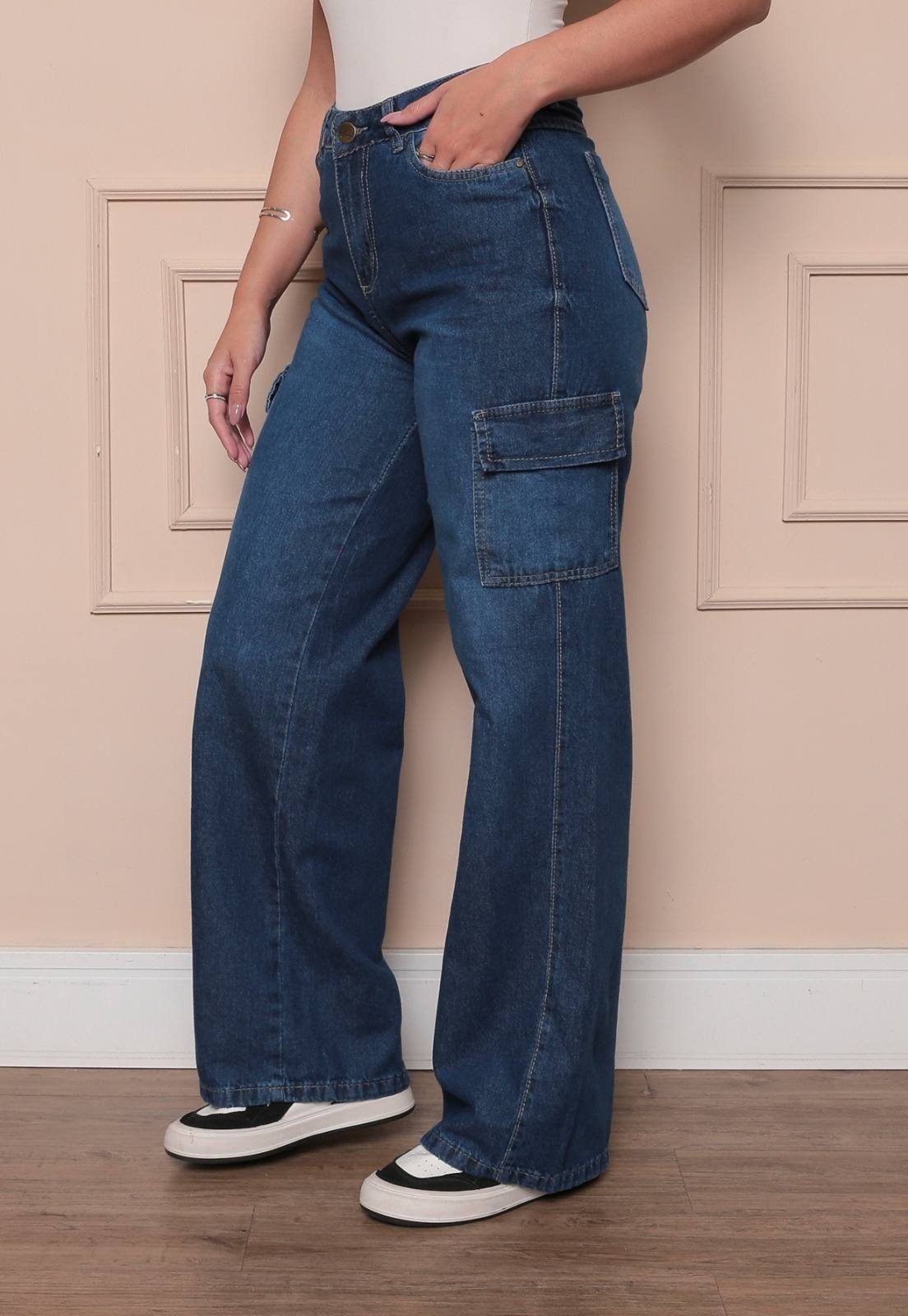 Calça Feminina Avec Wide Leg Cargo Confortável E Estilosa Azul Manchado