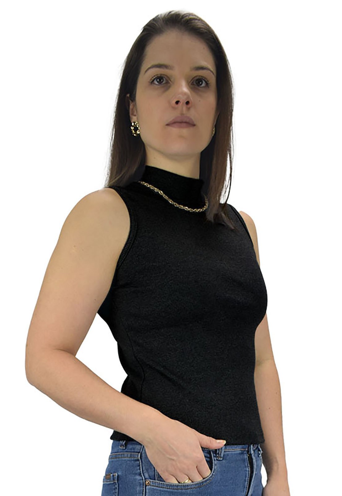 Blusa Regata Camiseta Canelada malha gola alta Butu Biru Preto