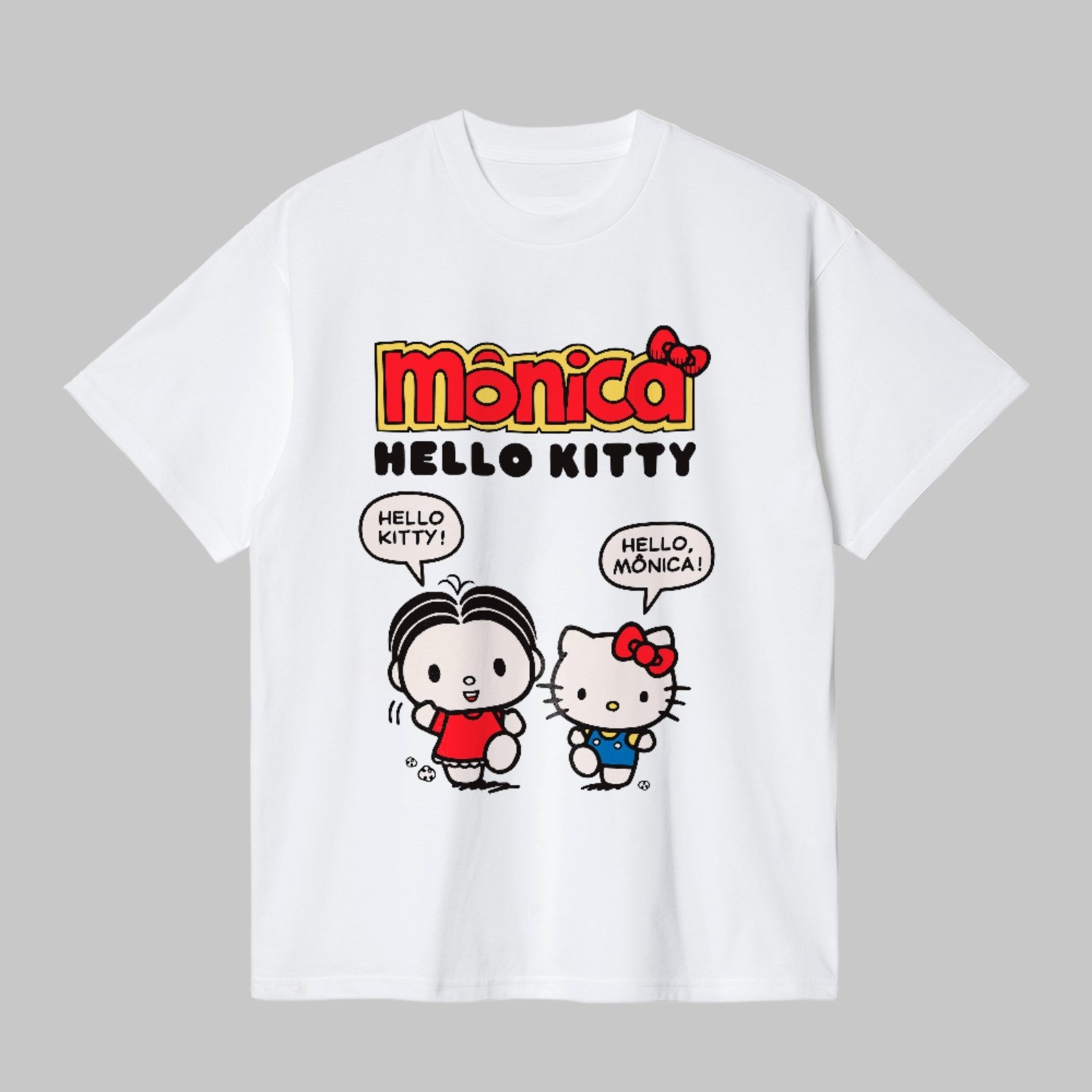 Camiseta Básica Ilustração Clássica Fofa Mônica Hello Kitty Unissex Branco