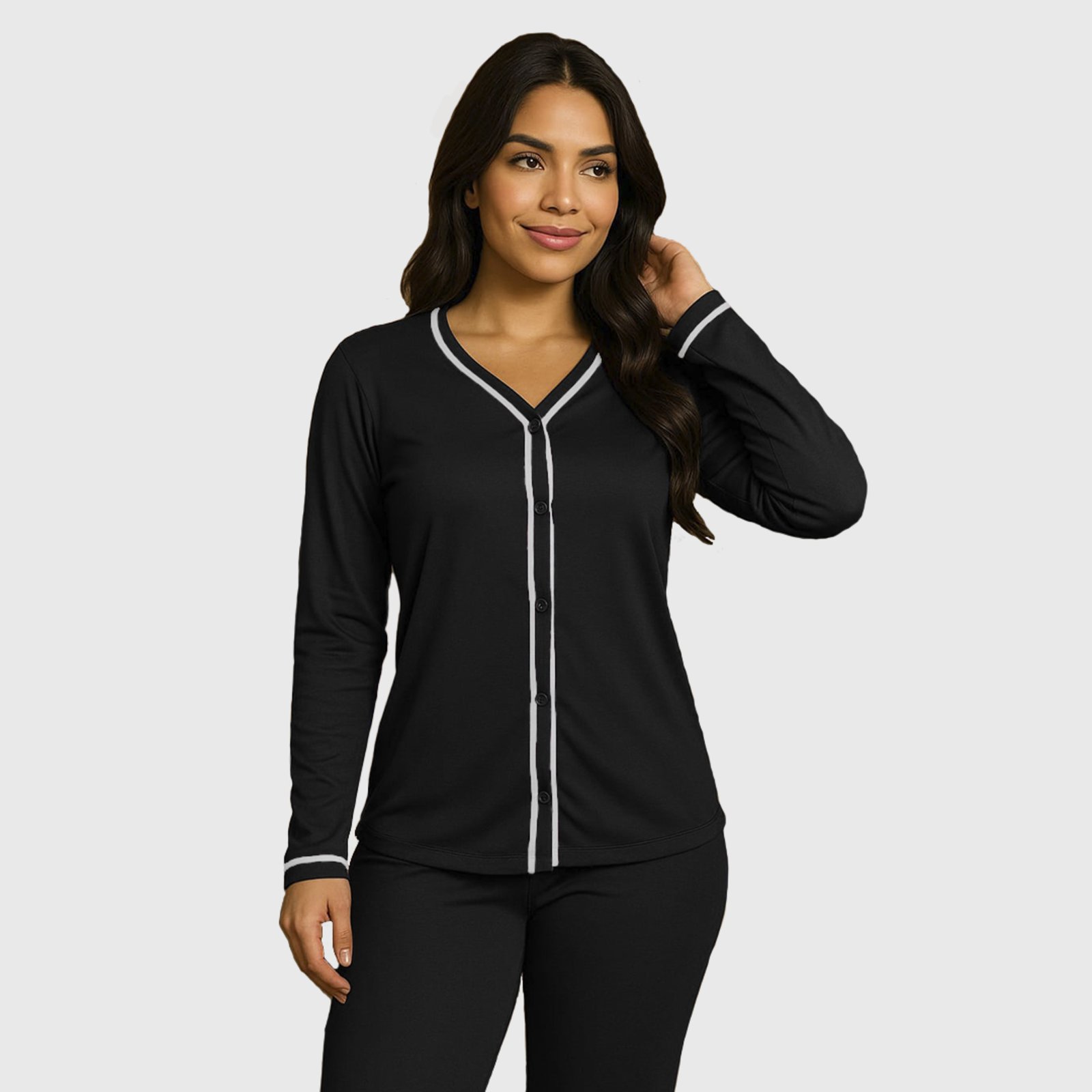 Pijama Blogueira Tetê Variedades Manga Longa Confortável Moda Feminina Casual Básico Preto