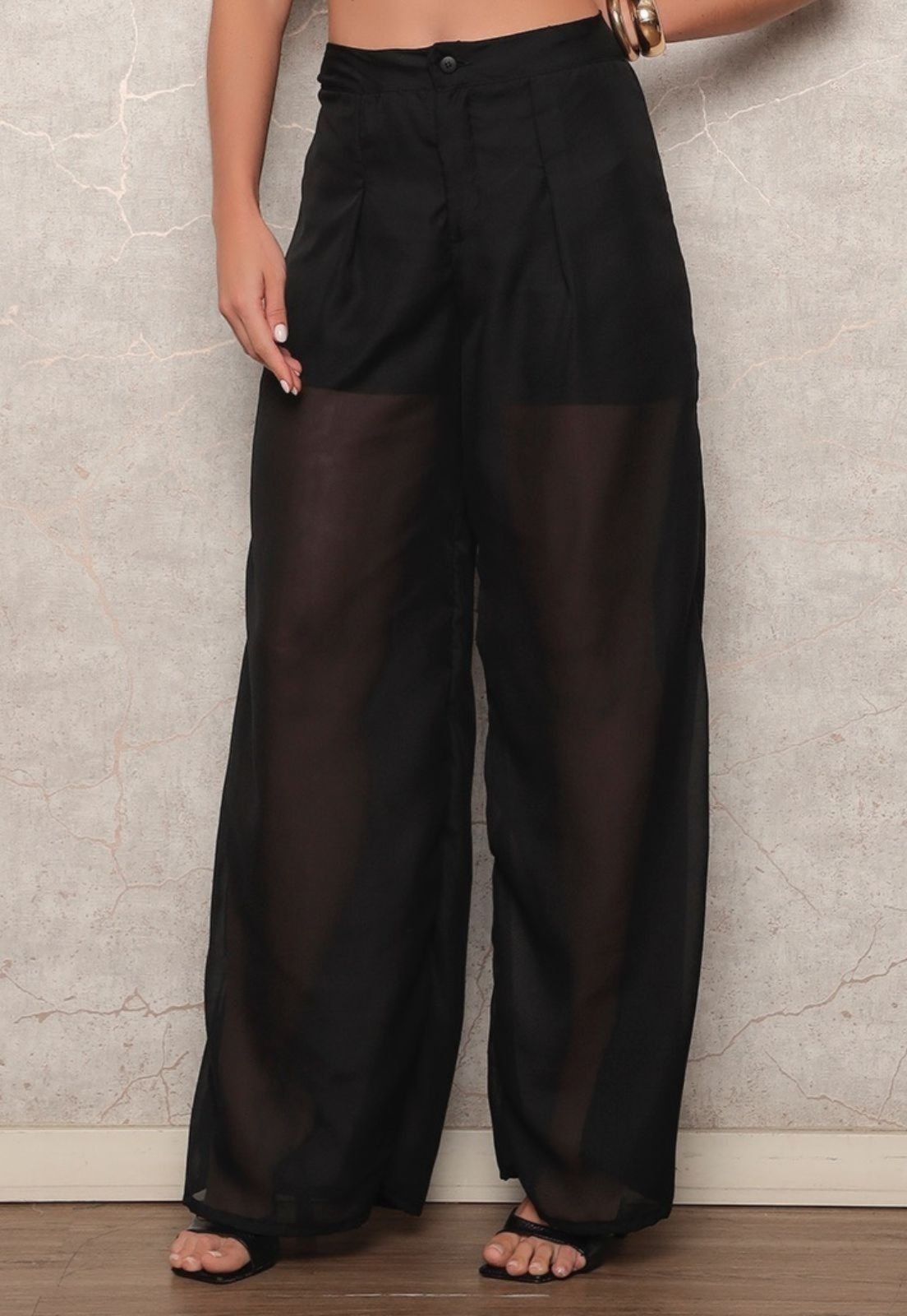 Calca Feminina Pantalona em Chiffon e Tule e Forrado Linha Premium Preto – NKTEX