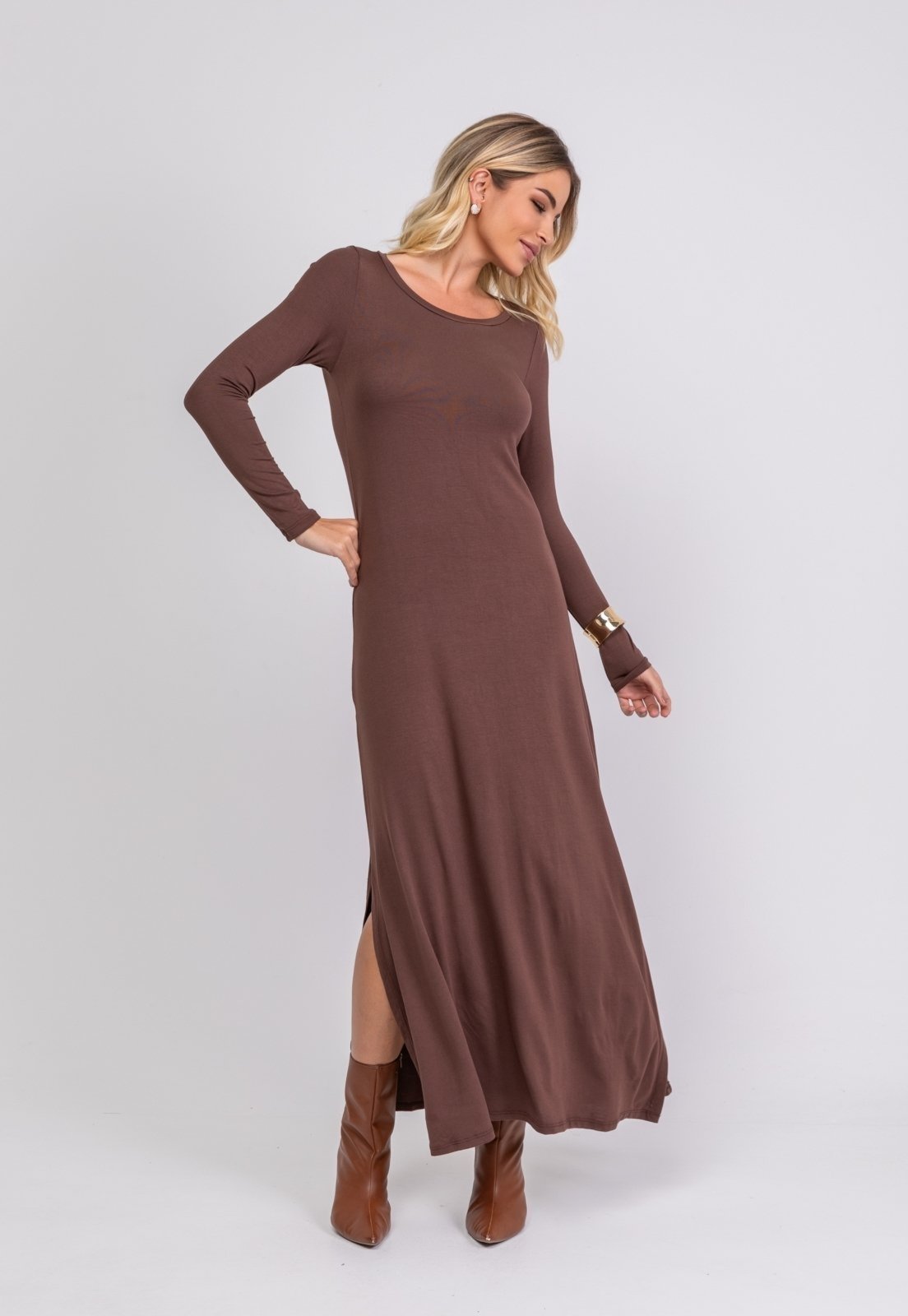 Vestido Longo Manga Longa Malha Salvatore Fashion Marrom