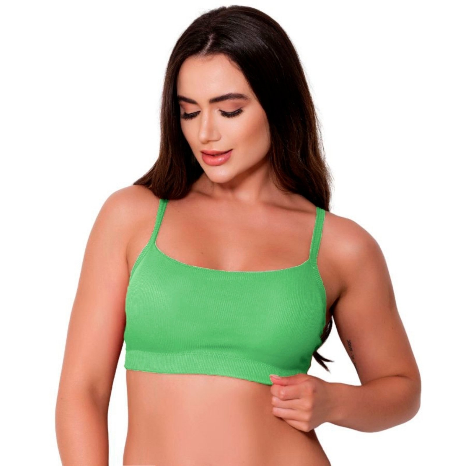 Vista 2 Top Canelado Gabi Lingerie Com Bojo Removível Confortável Cropped Bustie Algodão Lingerie Elegante verde/verde militar/verde oliva verde Gabi Lingerie verde/verde militar/verde oliva verde