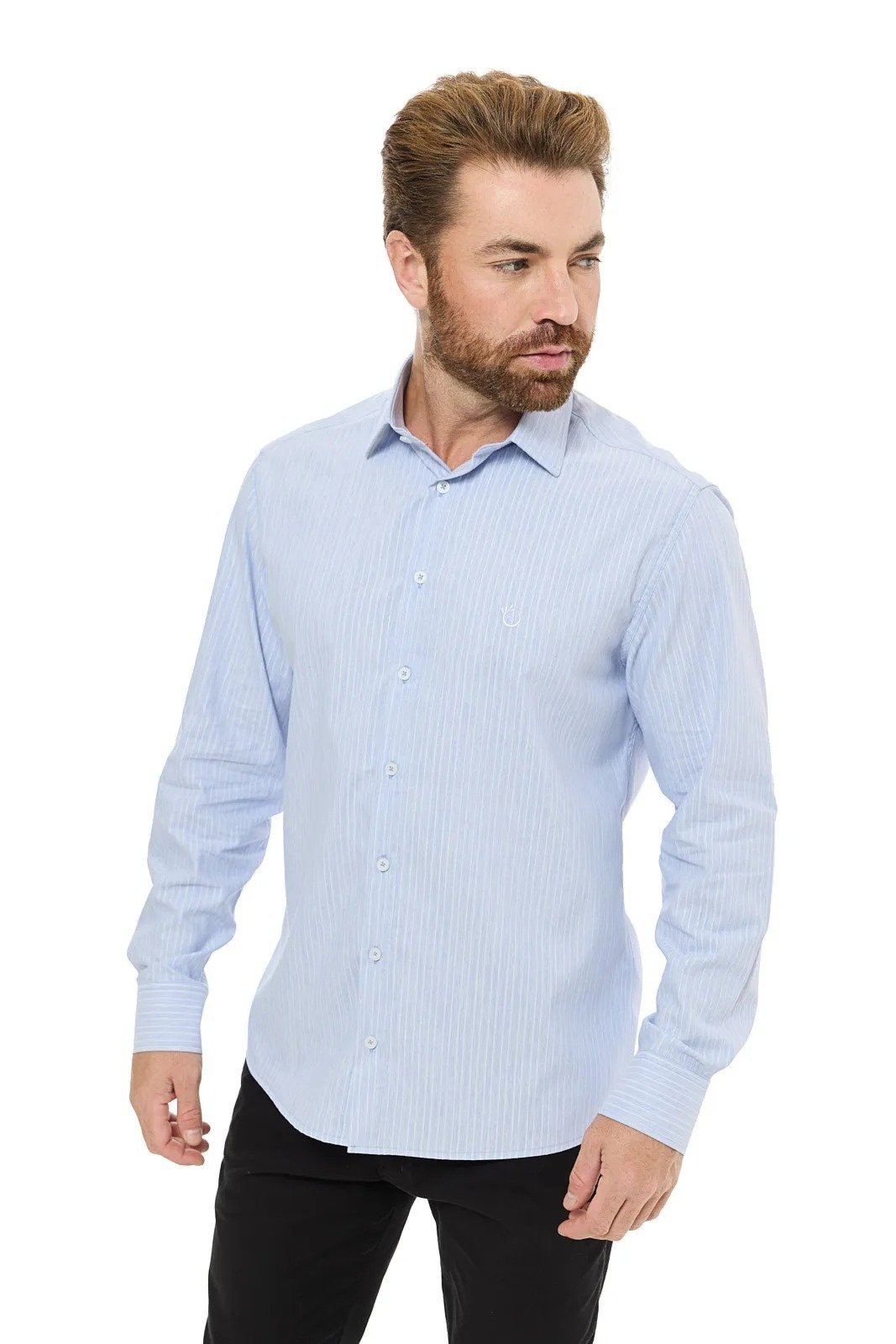 Camisa Social Masculina Olimpo Manga Longa Listrada Azul