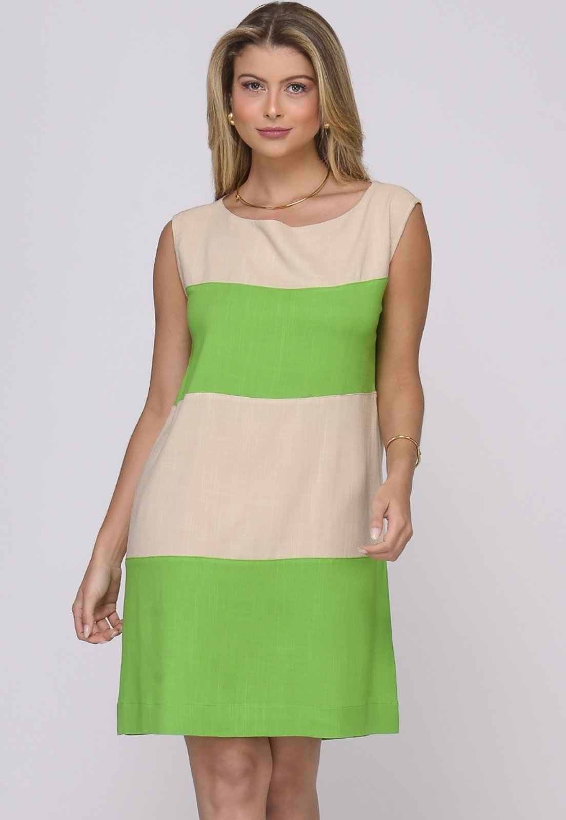 Vestido Curto Sem Mangas B’Bonnie Luara Bege/Verde