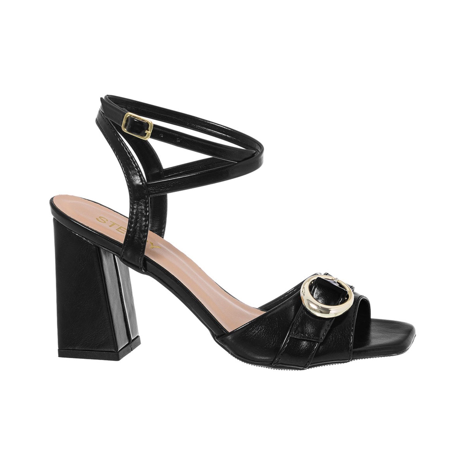 Sandália Feminina Stessy Bico Quadrado Salto Bloco Fivela Luxo Moda Preto