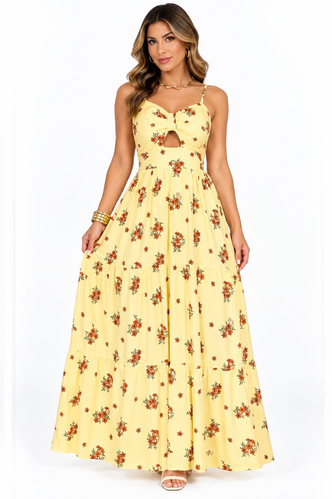 Vestido Longo Três Marias D Bell Outlet Fashion Alça Fina Estampa Floral Amarelo Manteiga