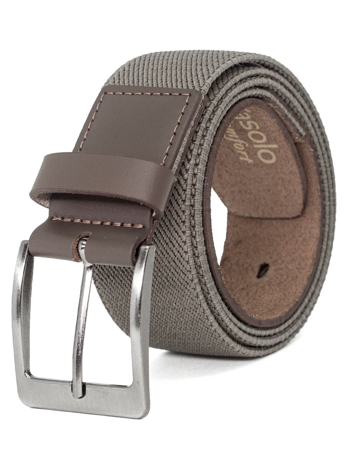 Cinto Masculino Largo Fasolo Tira Elástica Confortável com Couro Casual Cinza Grey Fivela Prata