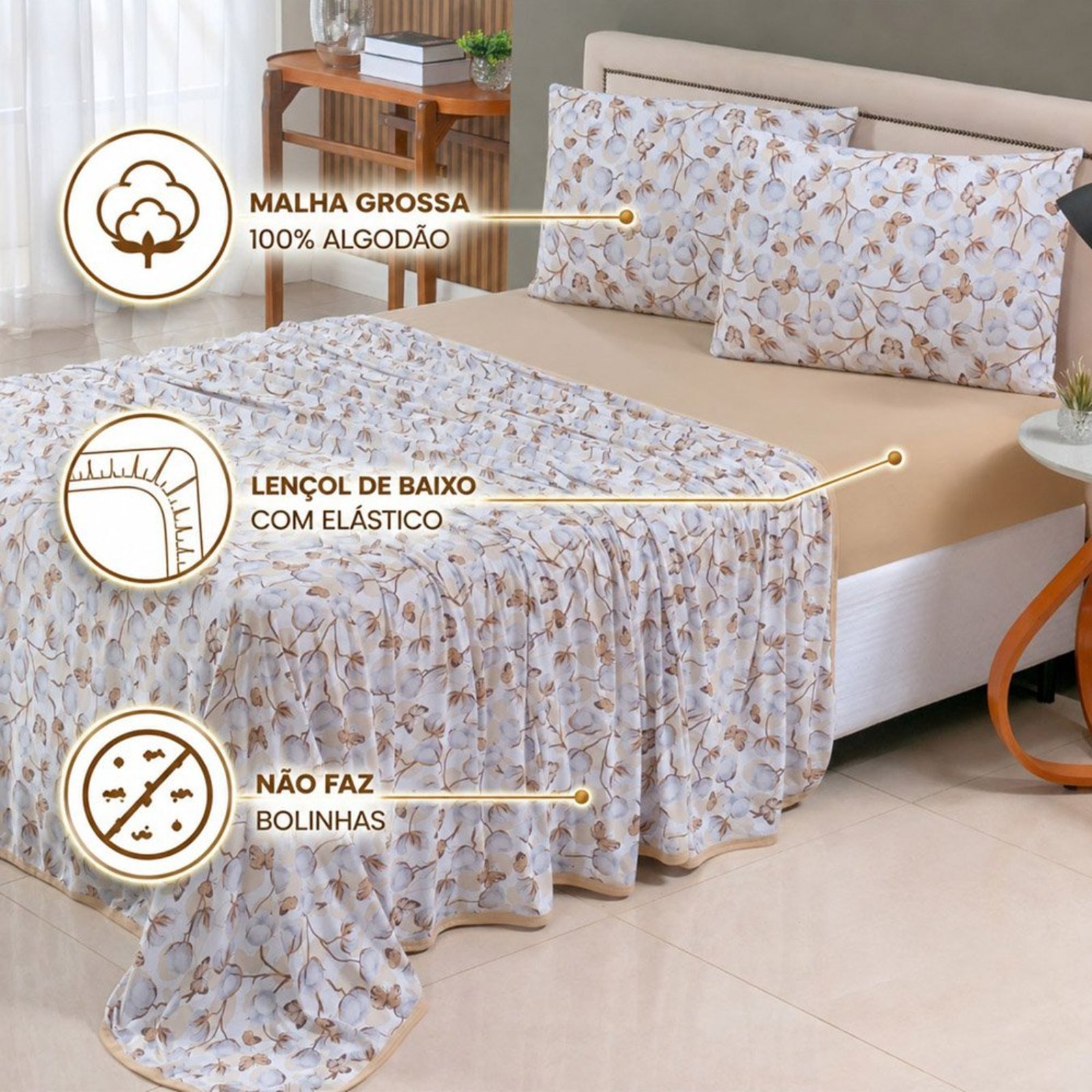 Jogo de Cama Lençol Malha Grossa Fio Penteado 100% Algodão Queen 4 Peças - Algodão