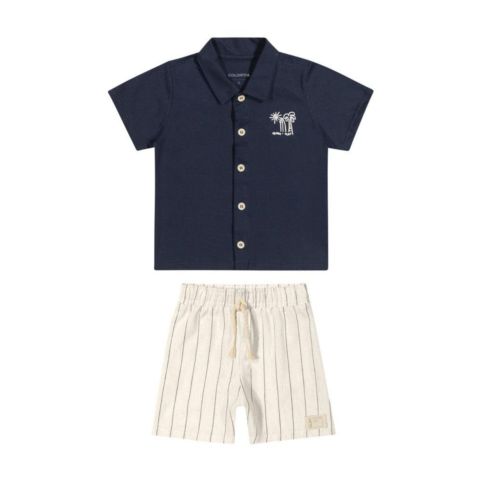 Infantil - Conjunto Camisa Botão Bermuda Listrada Colorittá Azul Marinho Branco G Azul