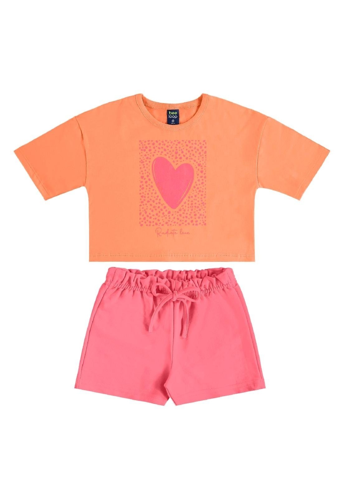 Infantil - Conjunto Blusa Cropped Coração Short Bee Loop Laranja