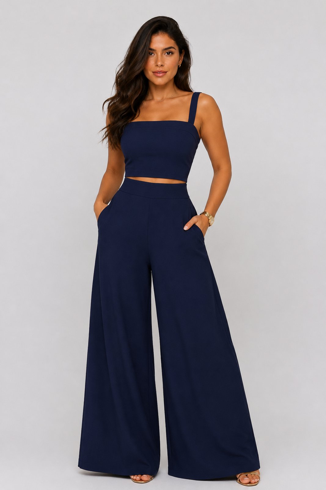 Conjunto D Bell Outlet Fashion Cropped e Calça Pantalona Azul Marinho