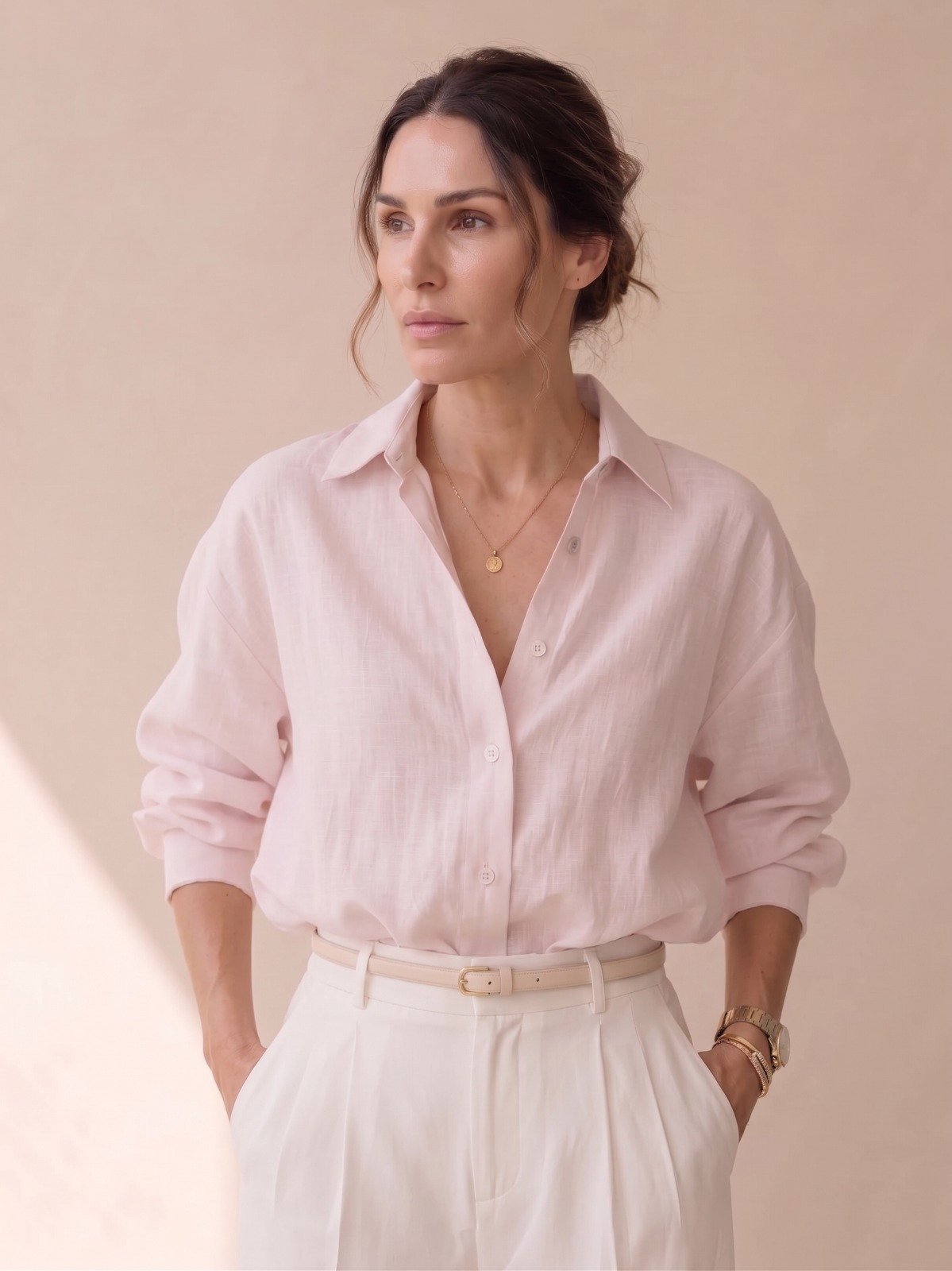 Camisa Feminina Social Casual Oversized Manga Longa Rosa