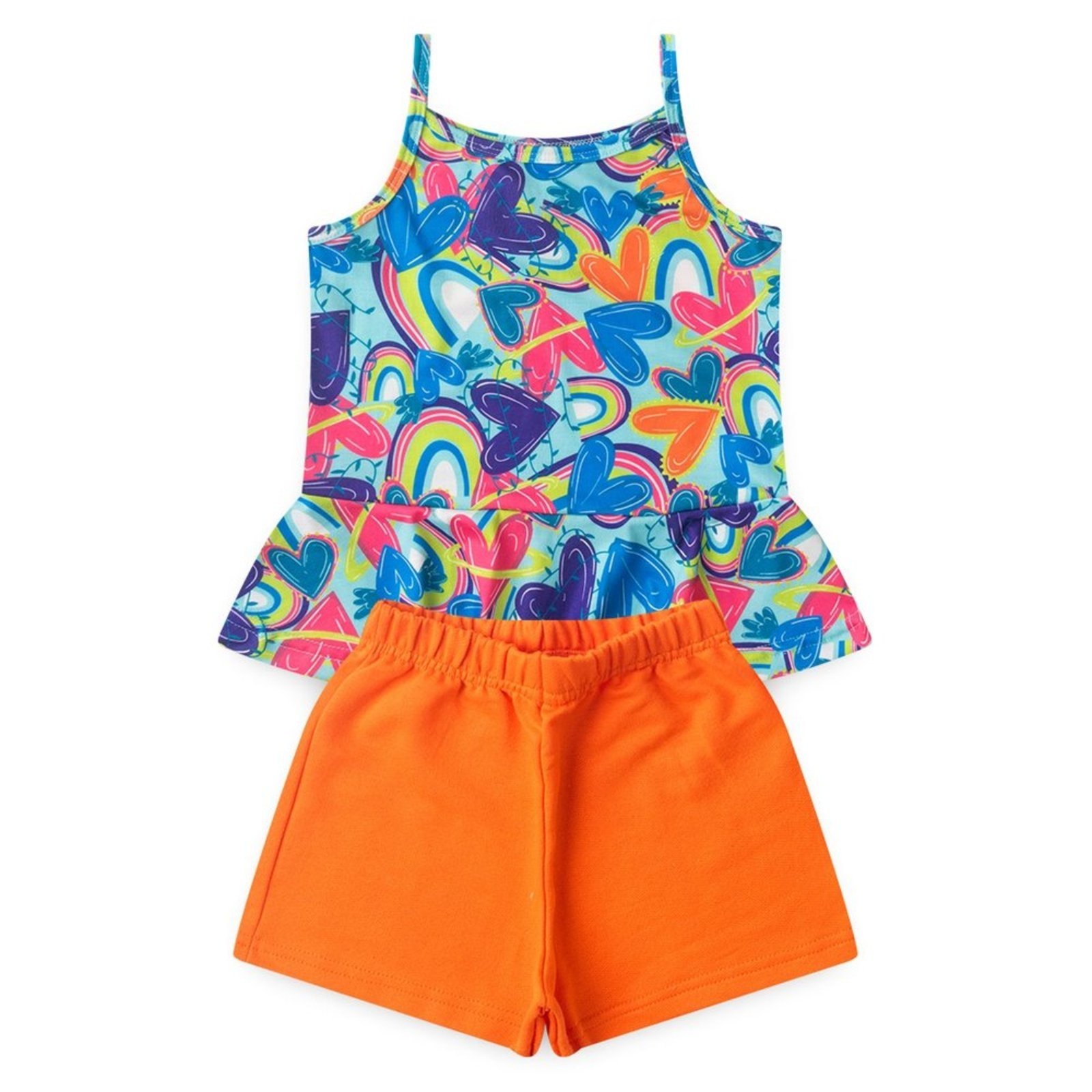 Vista 3 Infantil - Conjunto Molekada Verão Menina Regata Alcinha Com Babado e Shorts Explosão de Corações verde Molekada verde
