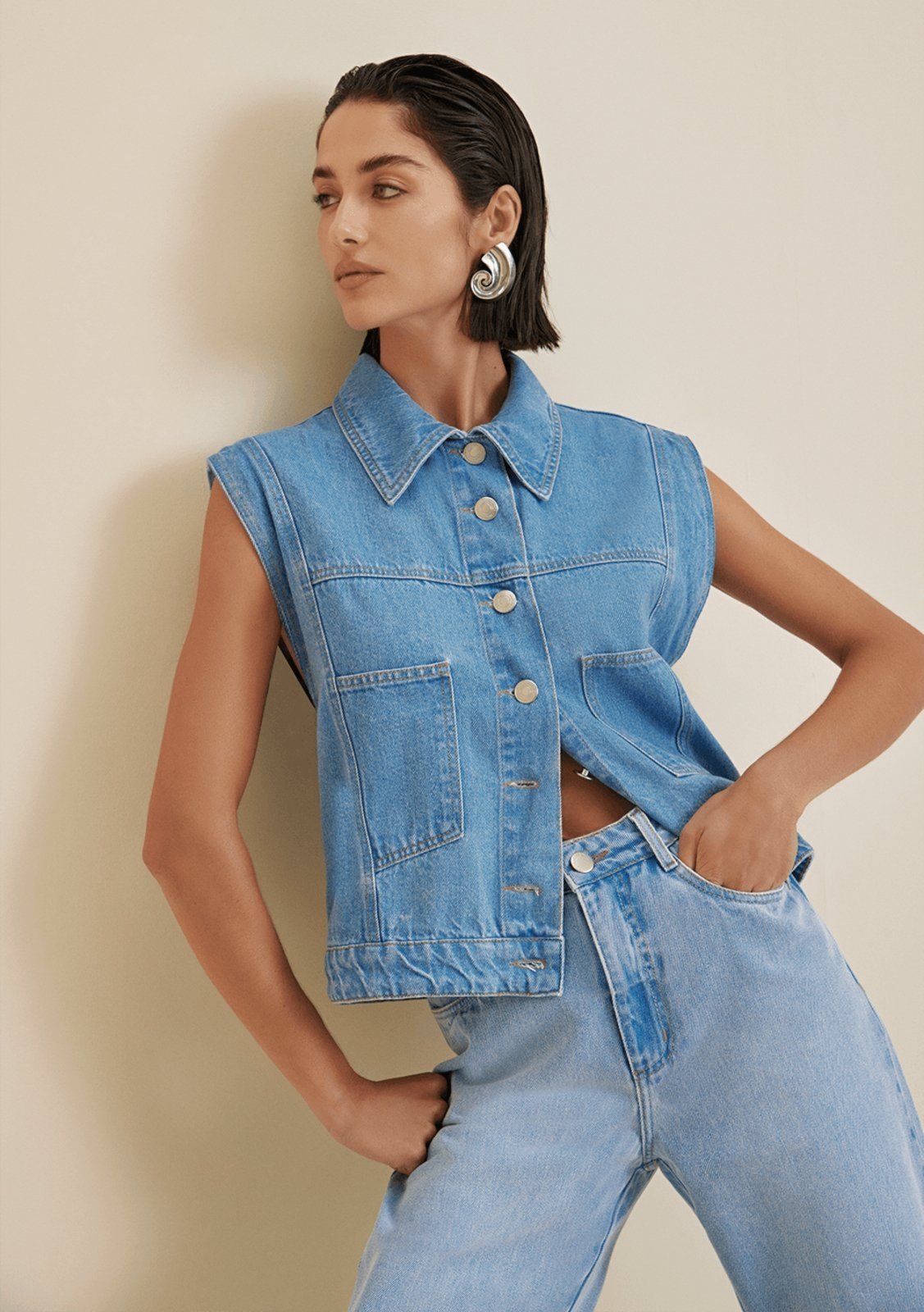 Colete Morena Rosa Alongado Detalhe Franjas Jeans