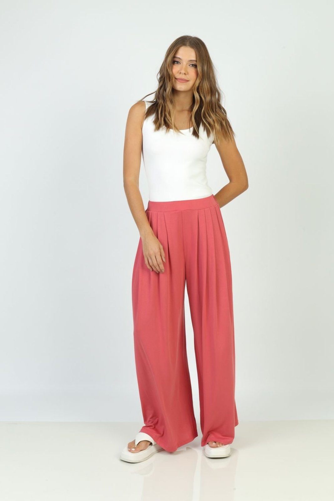 Calça Pantalona com Pregas Rosa M Gazzy