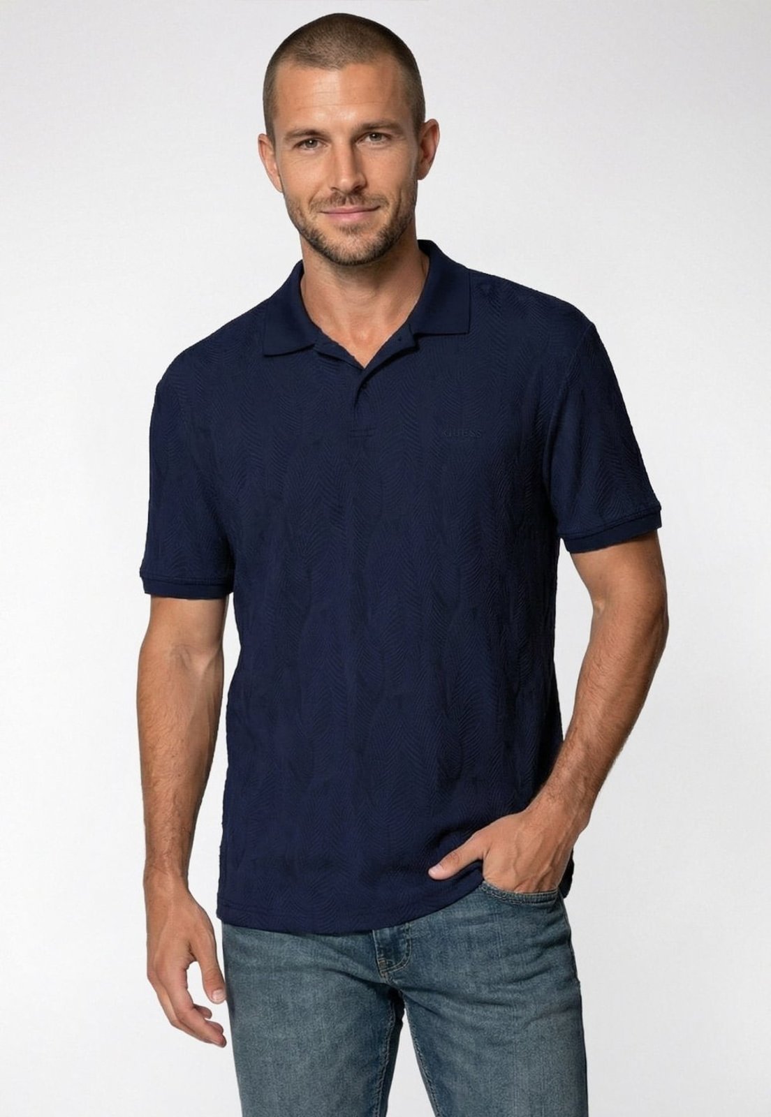 Camisa Guess Polo Jacquard Folhagem Azul Marinho