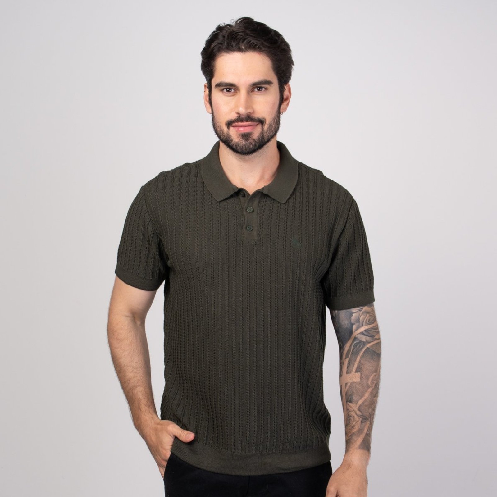 Camisa Polo Acostamento Tricotado Verde Escuro