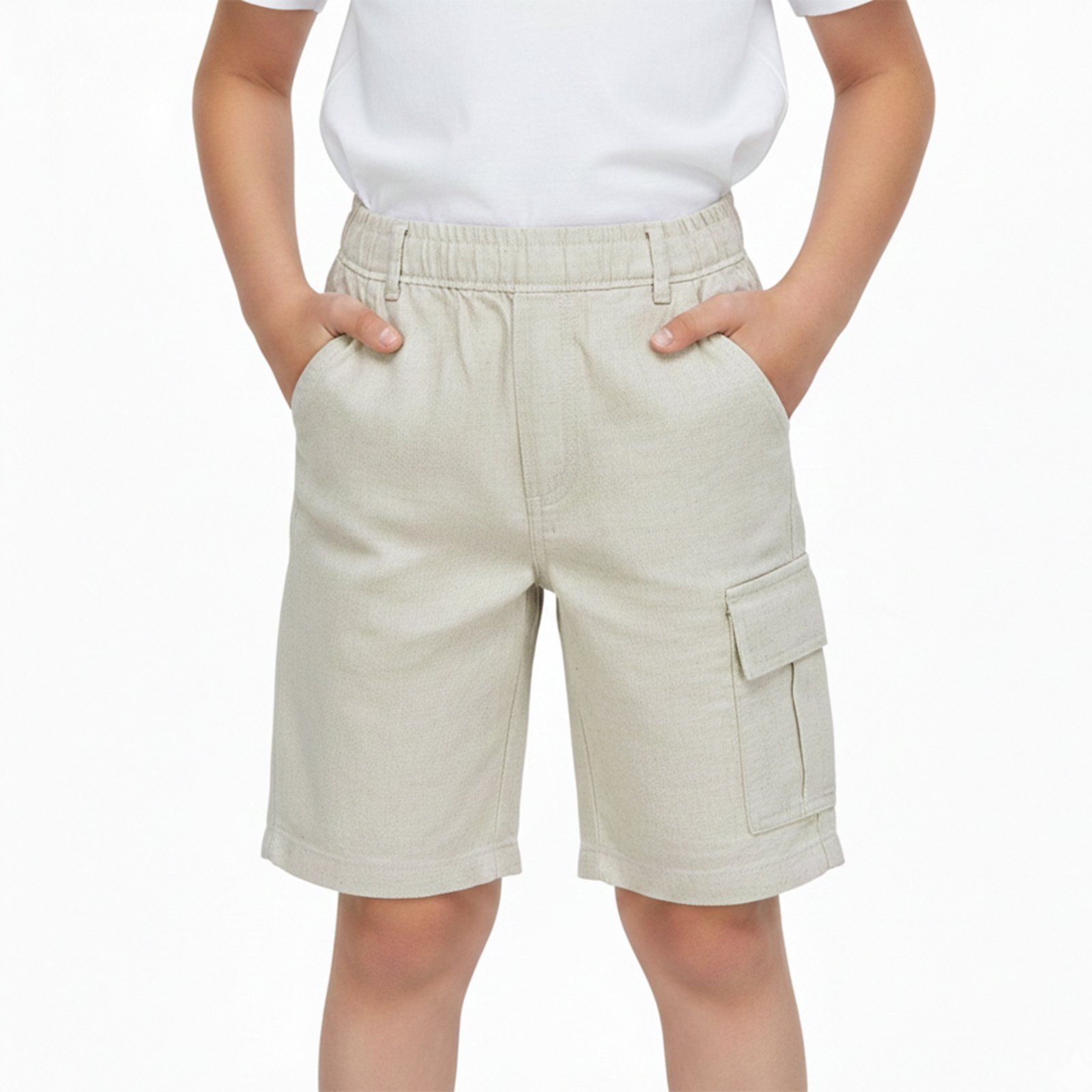 Vista 2 Infantil - Bermuda Juvenil Look Jeans Cargo Linho bege Look Jeans bege