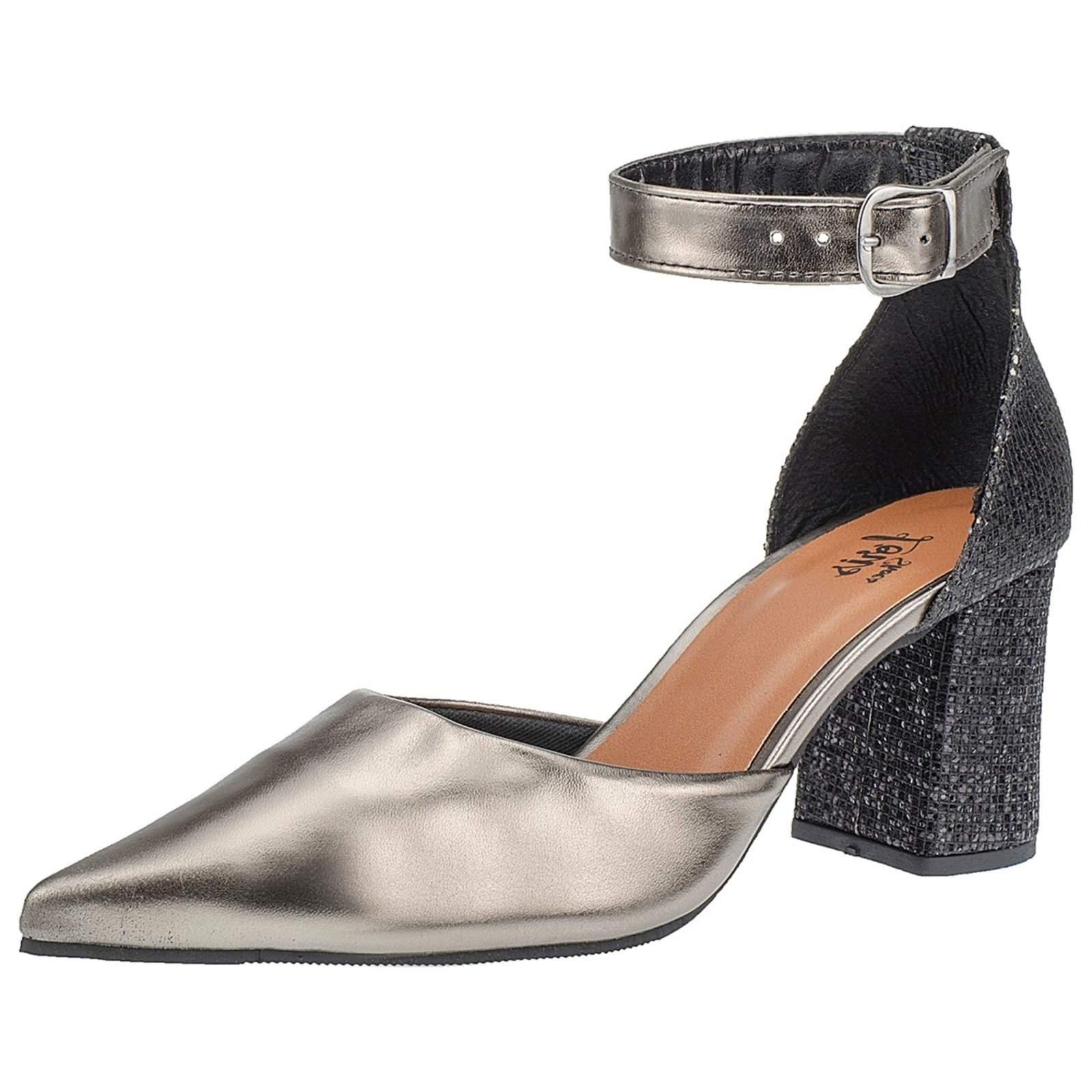 Sandália Scarpin Fivela Lóris Shoes Bico Fino Salto Alto Grosso Prata/Preto